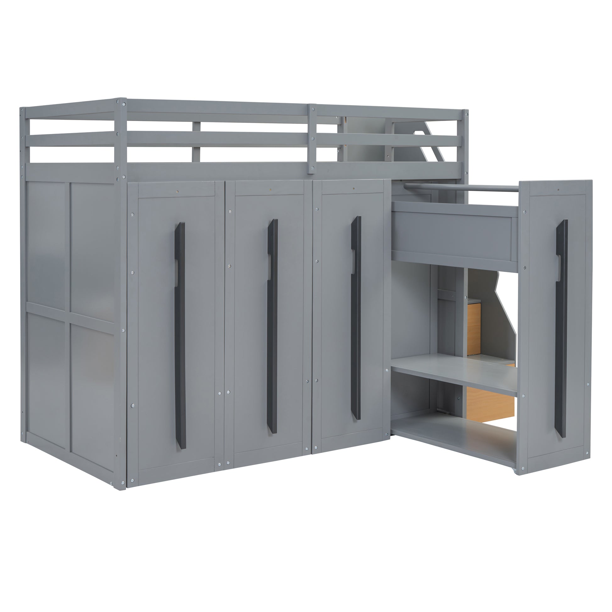 Modern Loft Bed With Two Tone Storage Stairs And Pull Out Wardrobes, Gray Twin Gray Solid Wood Mdf