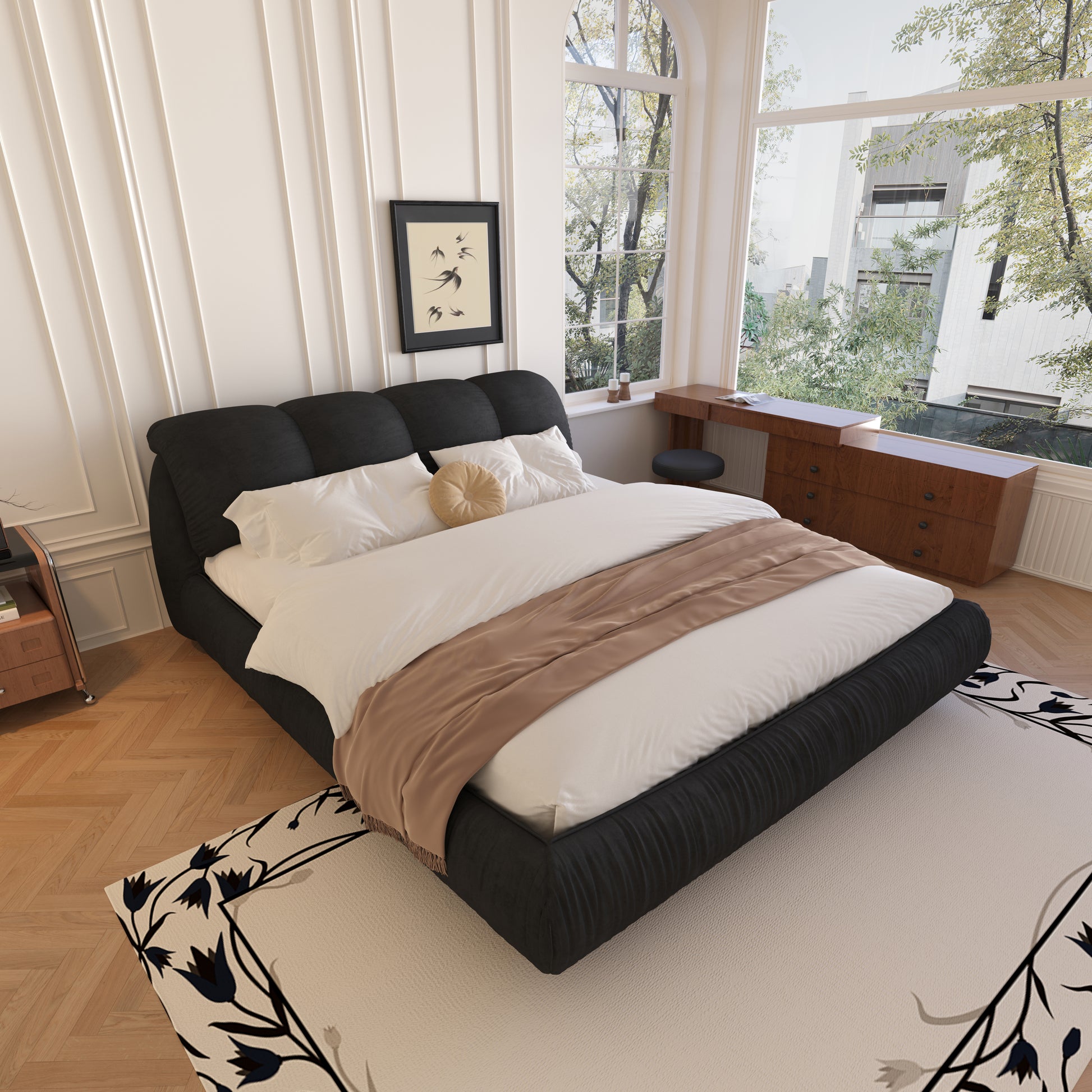 King Size Luxury Upholstered Platform Bed With Oversized Padded Backrest And Solid Wood Frame,Suitable For Multiple Heights Of Mattresses,Black Old Sku:W1885S00017 Box Spring Not Required King Black Wood Pine Solid Wood