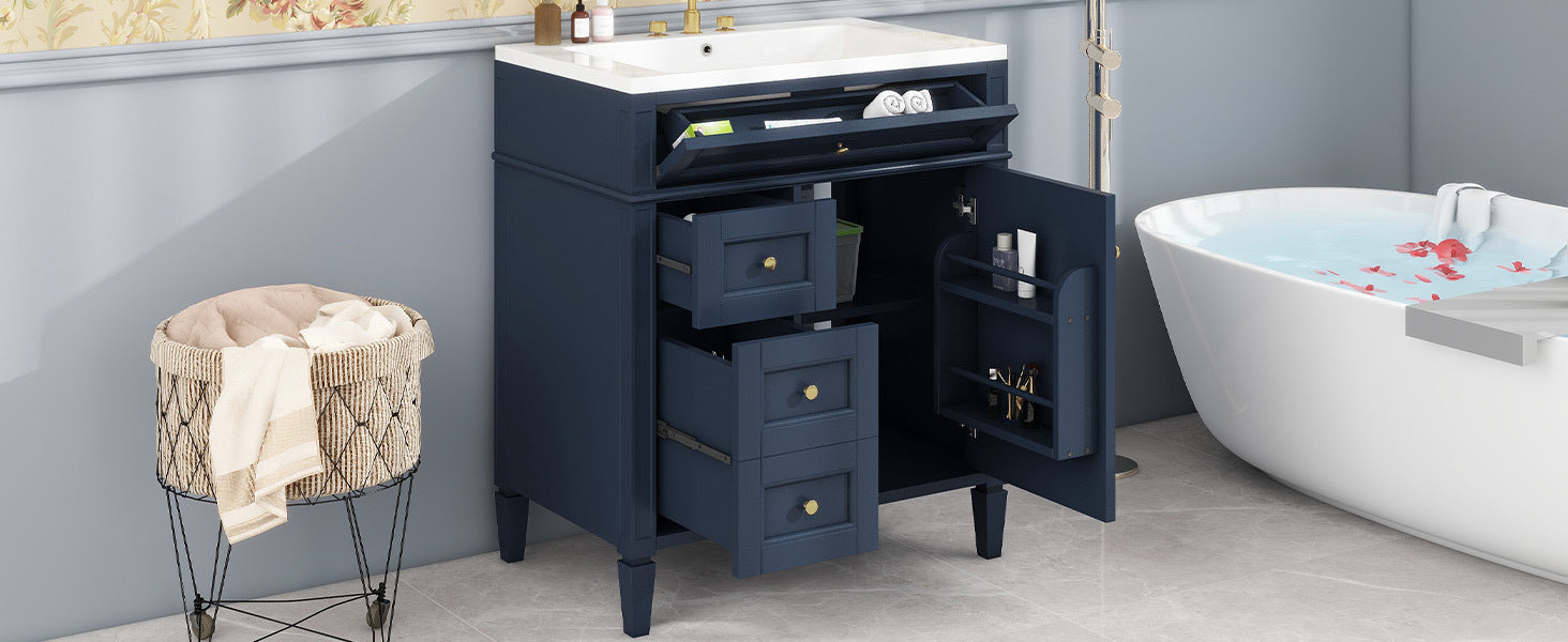 30'' Bathroom Vanity With Top Sink, Modern Bathroom Storage Cabinet With 2 Drawers And A Tip Out Drawer, Single Sink Bathroom Vanity 3 Blue 1 Soft Close Doors Bathroom Freestanding Mdf Painted