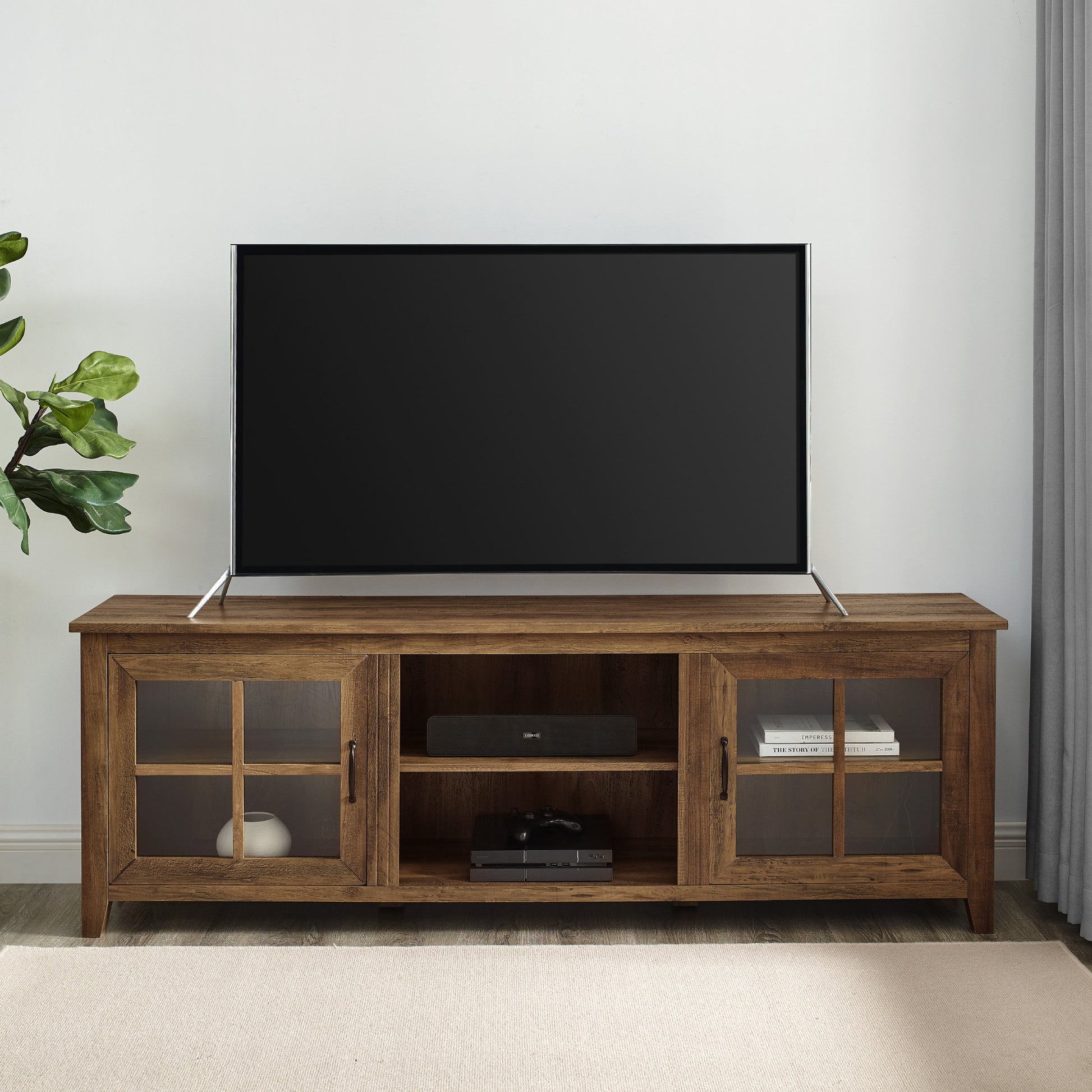 Modern Farmhouse 2 Door Glass Windowpane 70" Tv Stand For 80" Tvs Rustic Oak Oak Mdf