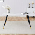 Modern Minimalist Dining Table. White Imitation Marble Pattern Sintered Stone Desktop With Black Metal Legs.62.2