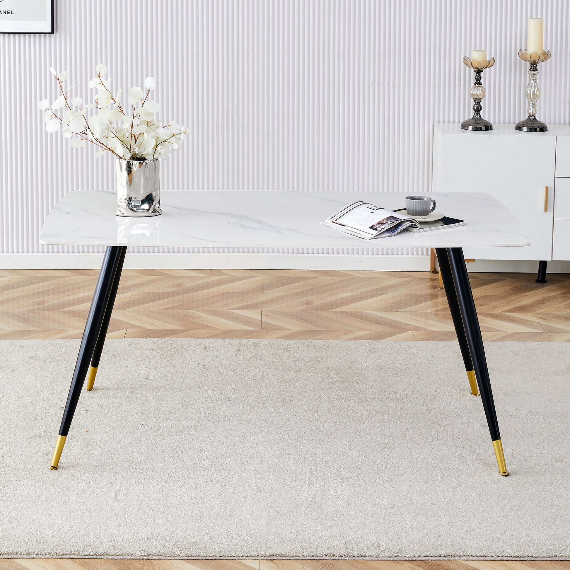 Modern Minimalist Dining Table. White Imitation Marble Pattern Sintered Stone Desktop With Black Metal Legs.62.2"*34.6"*30" F 001 Black Gold Sintered Stone