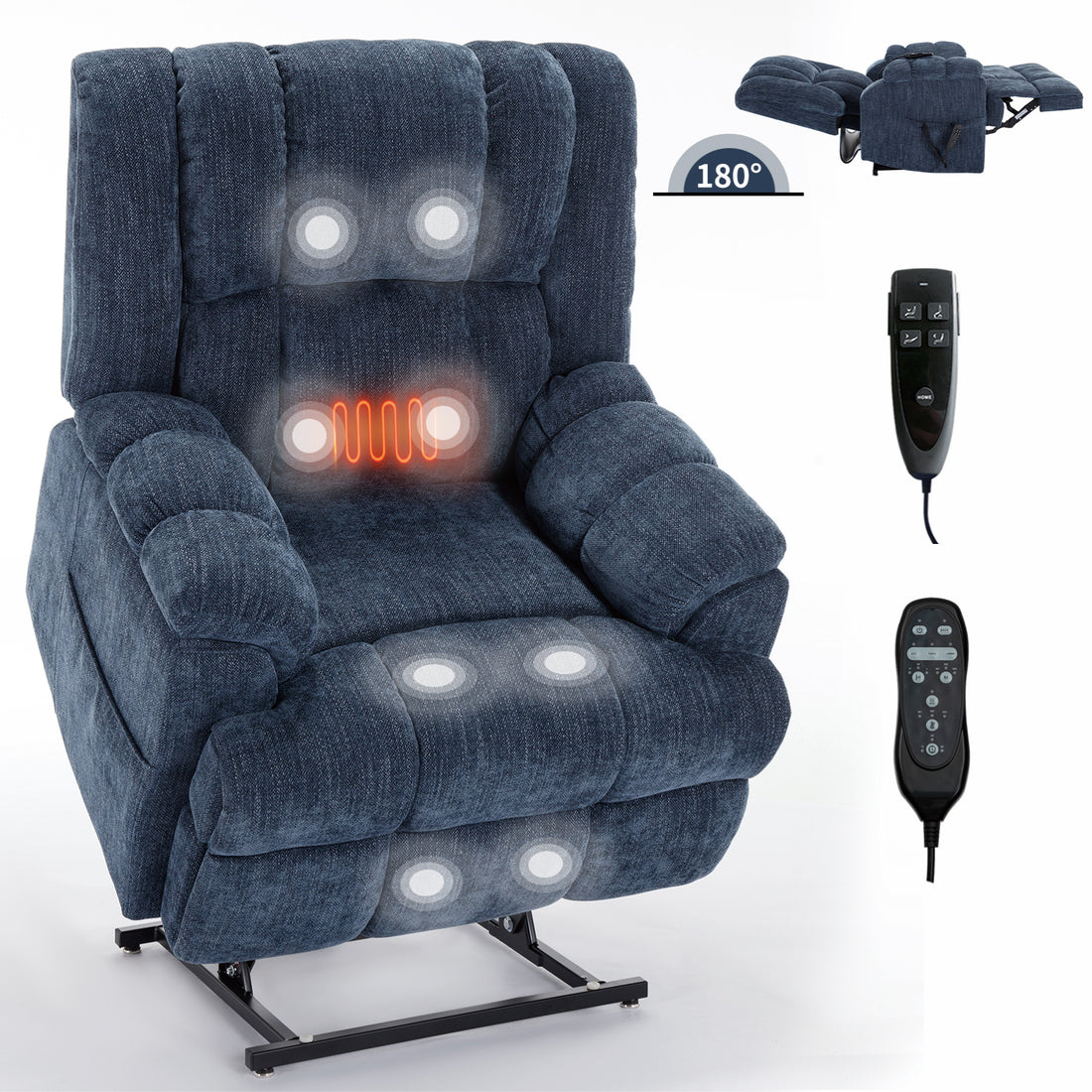 Dual Motor Heat Massage Infinite Position Up To 350 Lbs Electric Power Lift Recliners With Power Remote, Medium Firm And Heavy Duty, Blue Blue Chenille Power Remote Metal Primary Living Space Medium Firm Pillow Back Heavy Duty American Design Pine Pillow