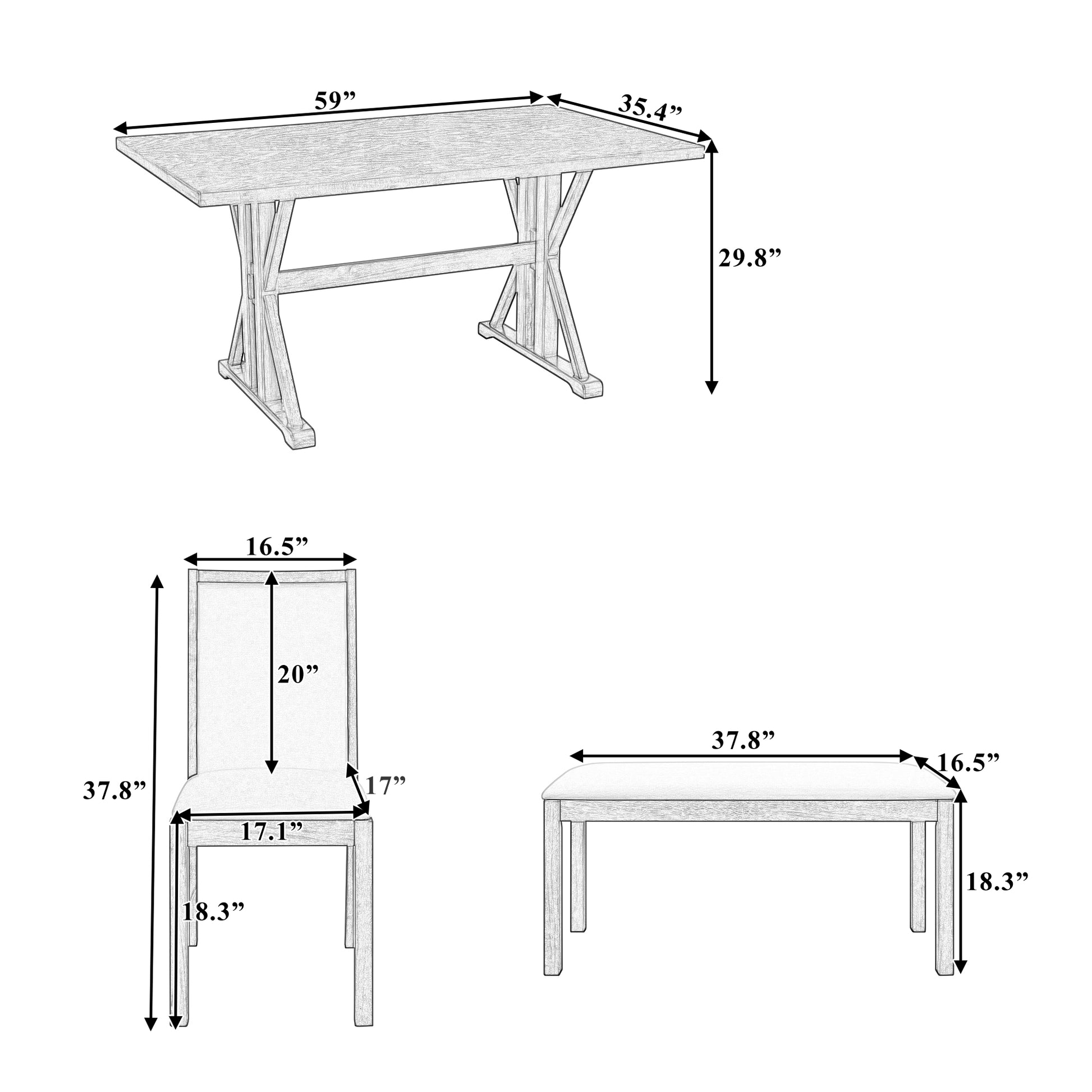 Farmhouse Classical 6 Piece Dining Table Set With Trestle Legs,Kitchen Table Set For 6 With 4 Upholstered Dining Chairs And Bench, Grey Wood Dining Room Solid Wood Rubberwood Rectangular Dining Table With Chair And Bench Upholstered Chair Wood Beige Grey