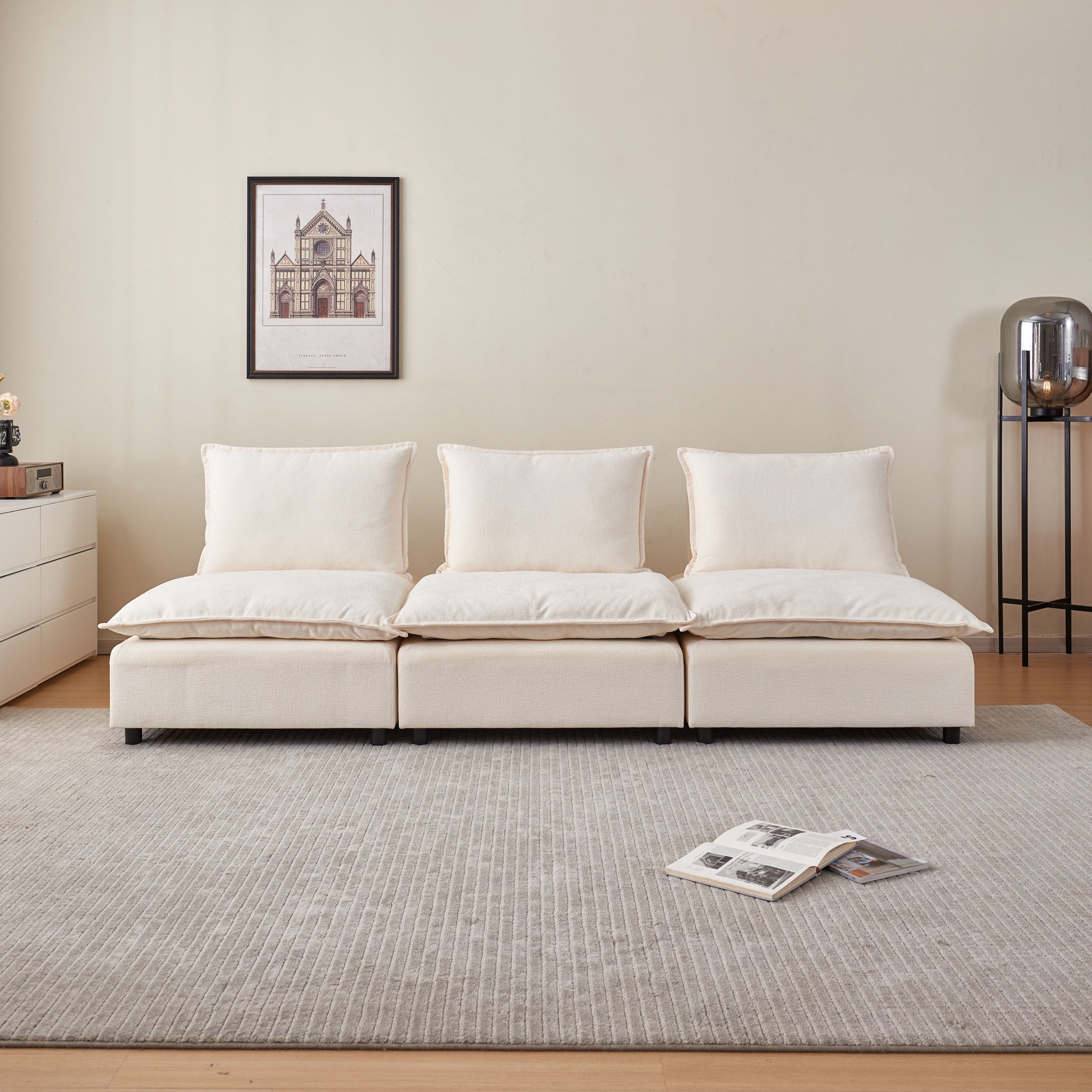 Modern Armless Accent Chair, Single Sofa Couch With Ottoman Compact Design, Space Saving Seating For Living Room, Bedroom, Apartment, Office Beige Wood Medium Soft Foam Chenille 1 Seat