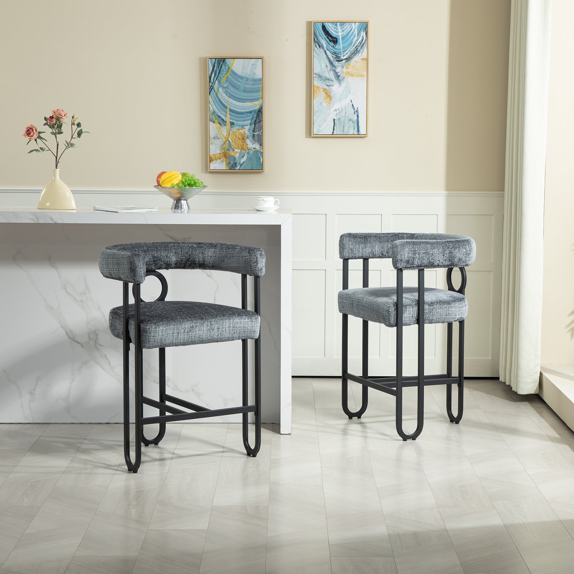 Coolmore Bar Stools Set Of 1, Modern Bar Stool With Back, Black Metal Frames, Upholstered Bar Stools For Kitchen Island, Pub, Club Gray Chenille Gray Primary Living Space Foam Chenille