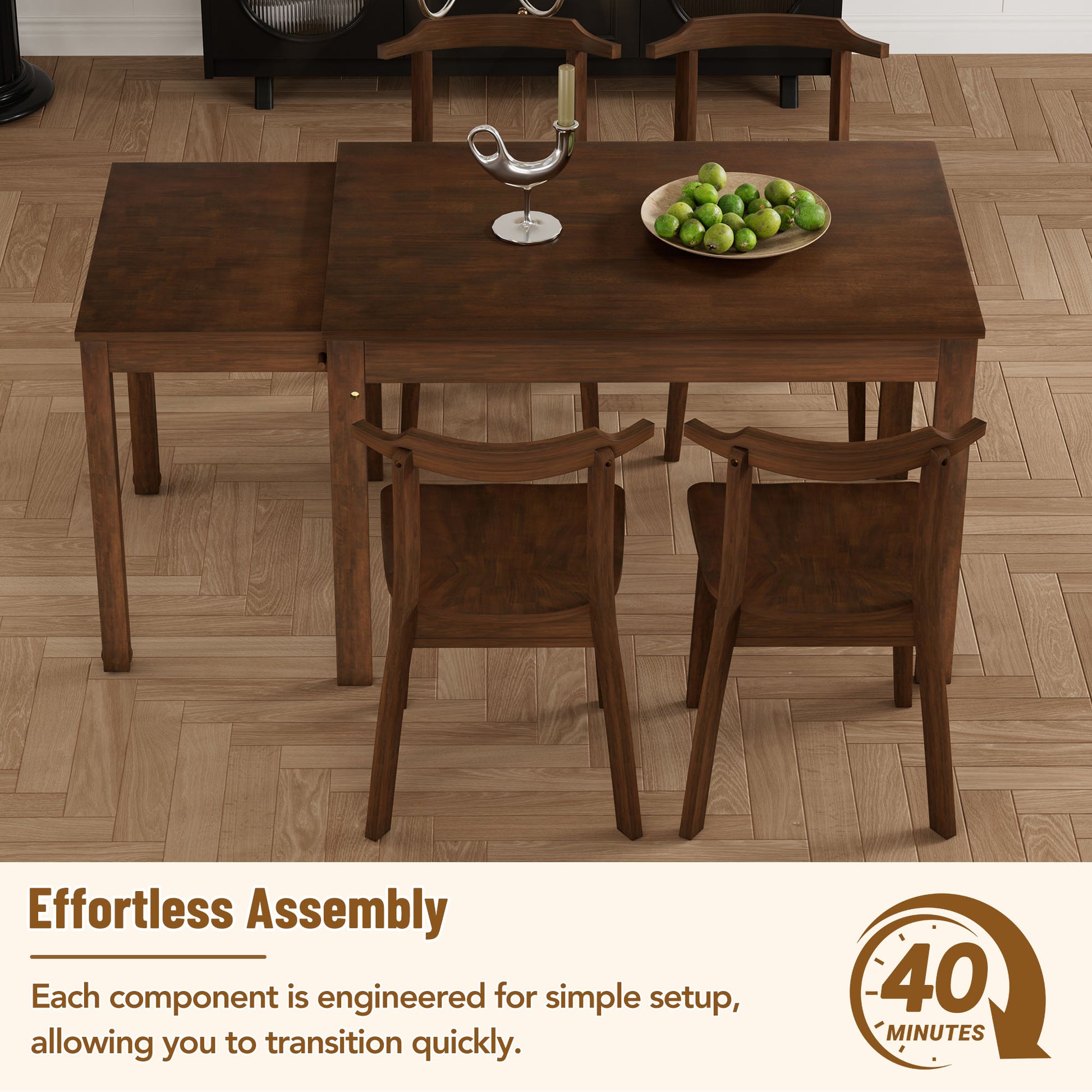 Farmhouse 65" 5 Piece Extendable Dining Table Set With Wheels Kitchen Table Set With 17.7" Pull Out Side Table And Dining Chairs For Small Places, Brown Wood Wood Brown Solid Back Wood Dining Room Solid Wood Rubberwood Rectangular Rectangular Dining