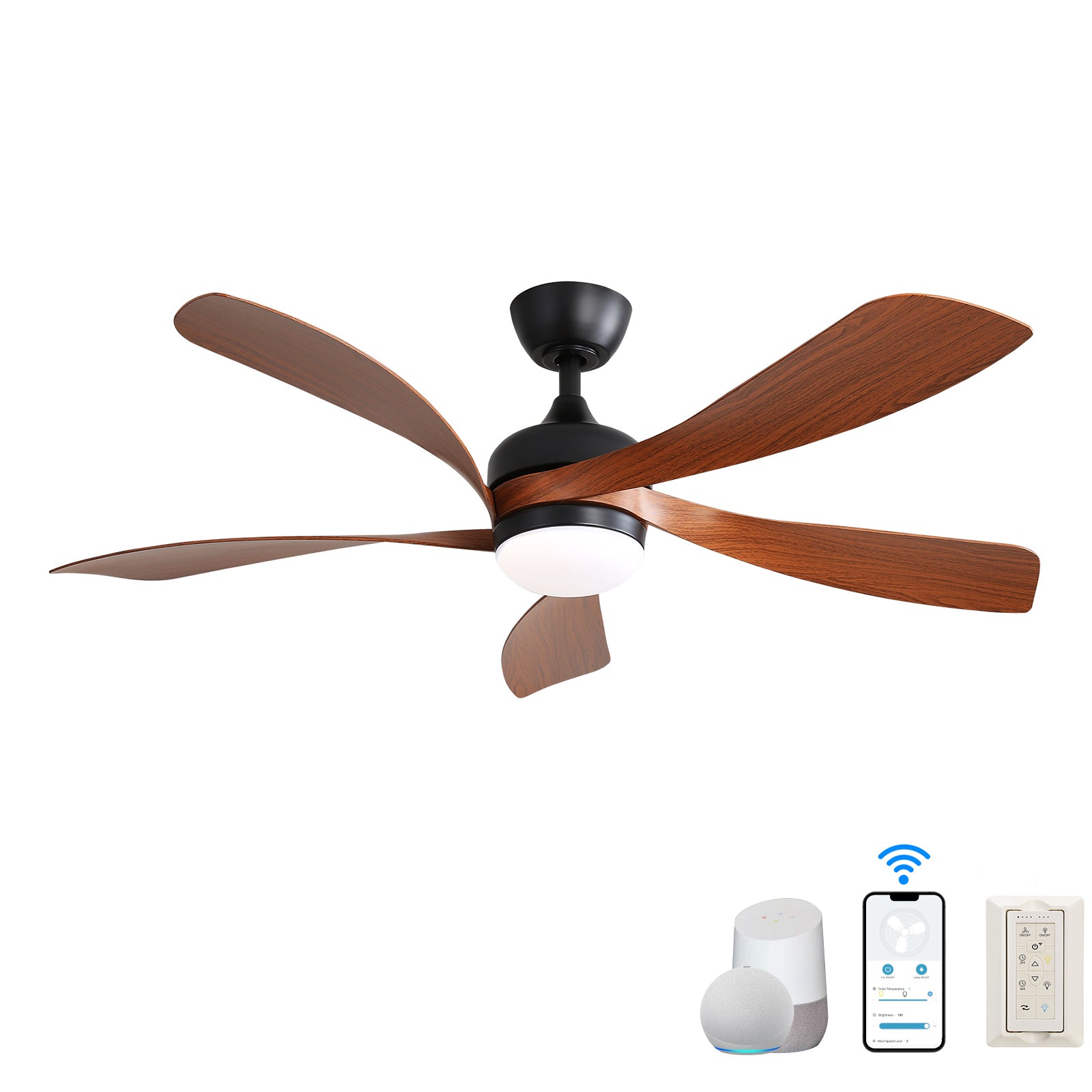 52 Inch Modern Ceiling Fan With 5 Abs Blades Noiseless Reversible Dc Motor Black For Bedroom Black Abs