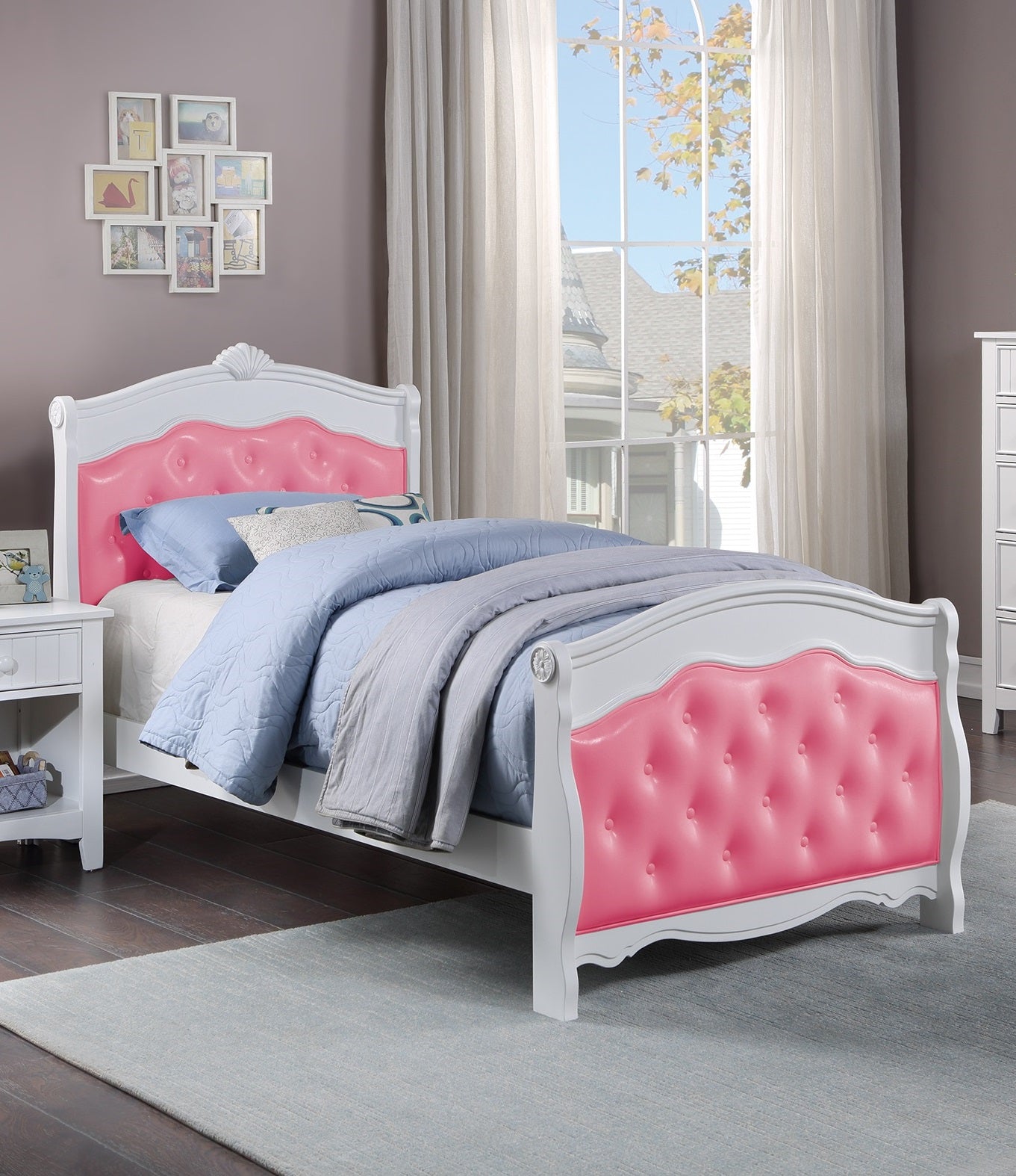 White Twin Size Bed Youth Bedroom Furniture Pink Faux Leather Headboard Footboard Plywood 1Pc Bedframe Box Spring Required Twin Pink White Wood Bedroom Classic,Traditional Pine Bed Frame Faux Leather Plywood