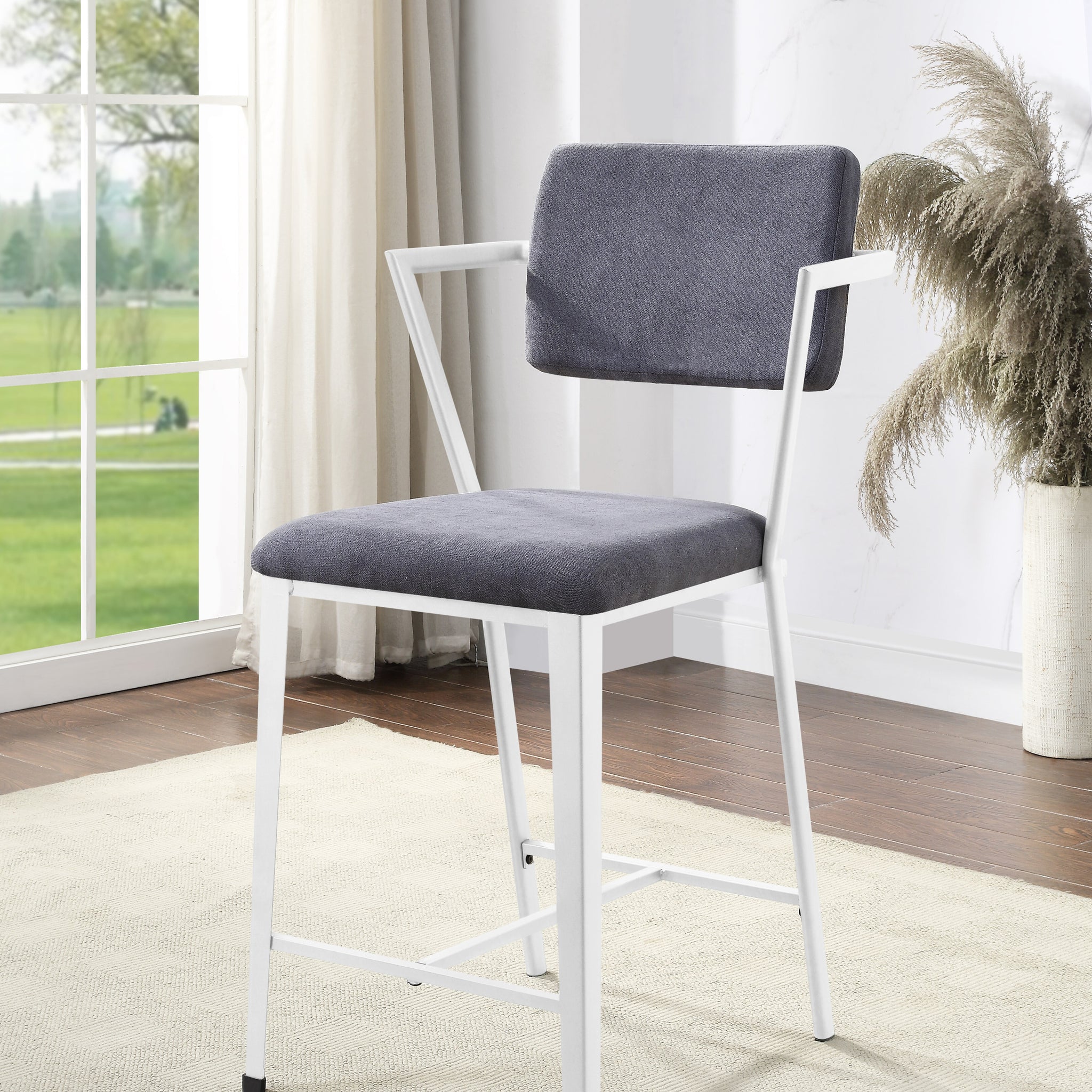 Grey And White Padded Counter Height Chair Set Of 2 Solid Grey White Dining Room Contemporary,Industrial Arm Chair Solid Back Set Of 2 Fabric Metal