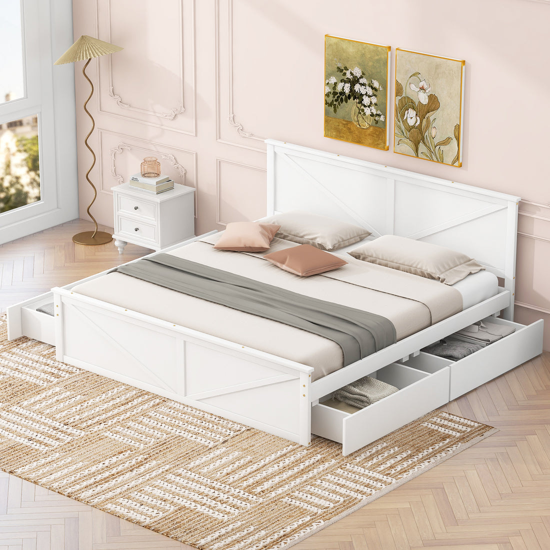 King Size Wooden Platform Bed With Four Storage Drawers And Support Legs, White King White Pine