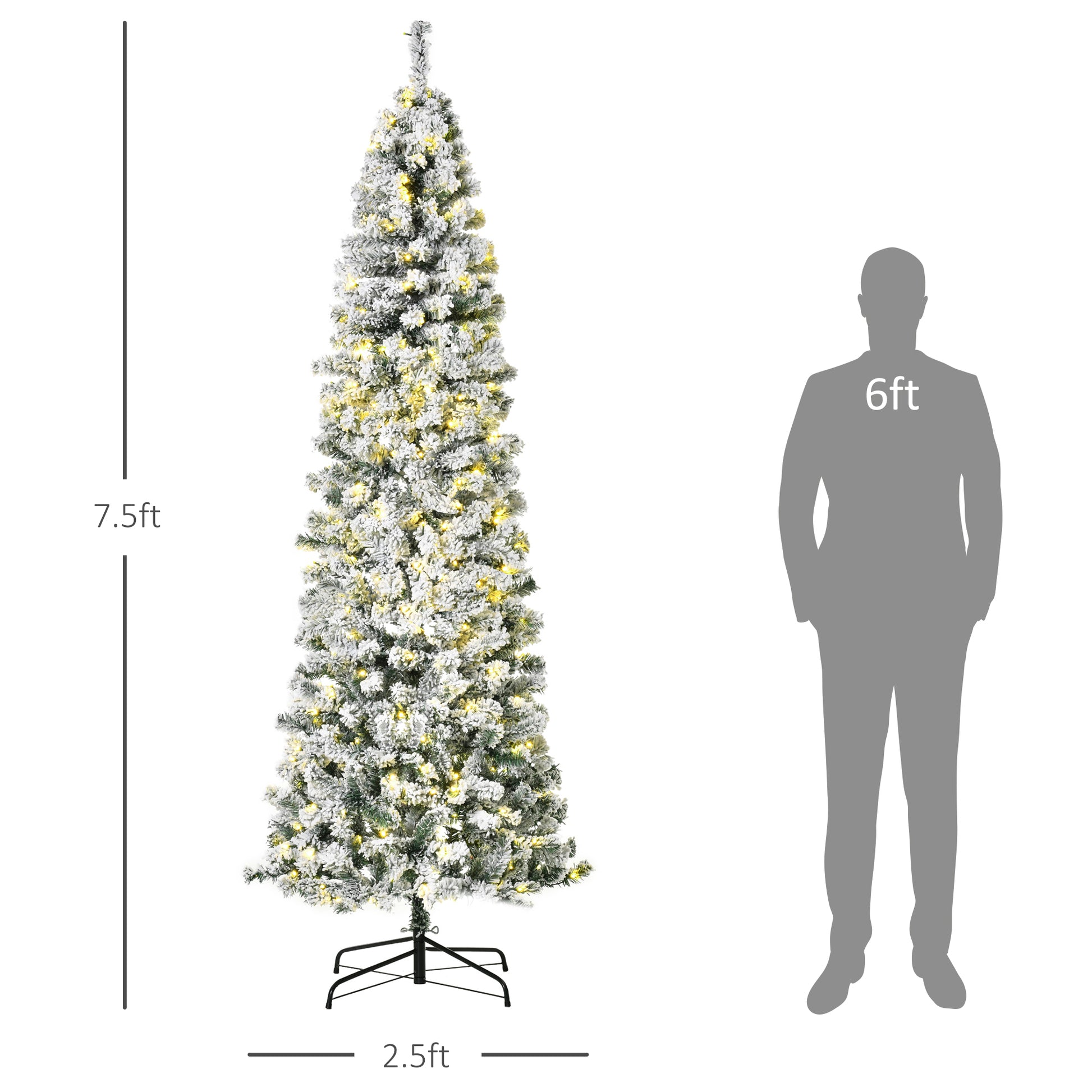 Homcom 7.5Ft Pre Lit Snow Flocked Slim Douglas Fir Artificial Christmas Tree With Realistic Branches, 350 Led Lights And 641 Tips Green Pvc