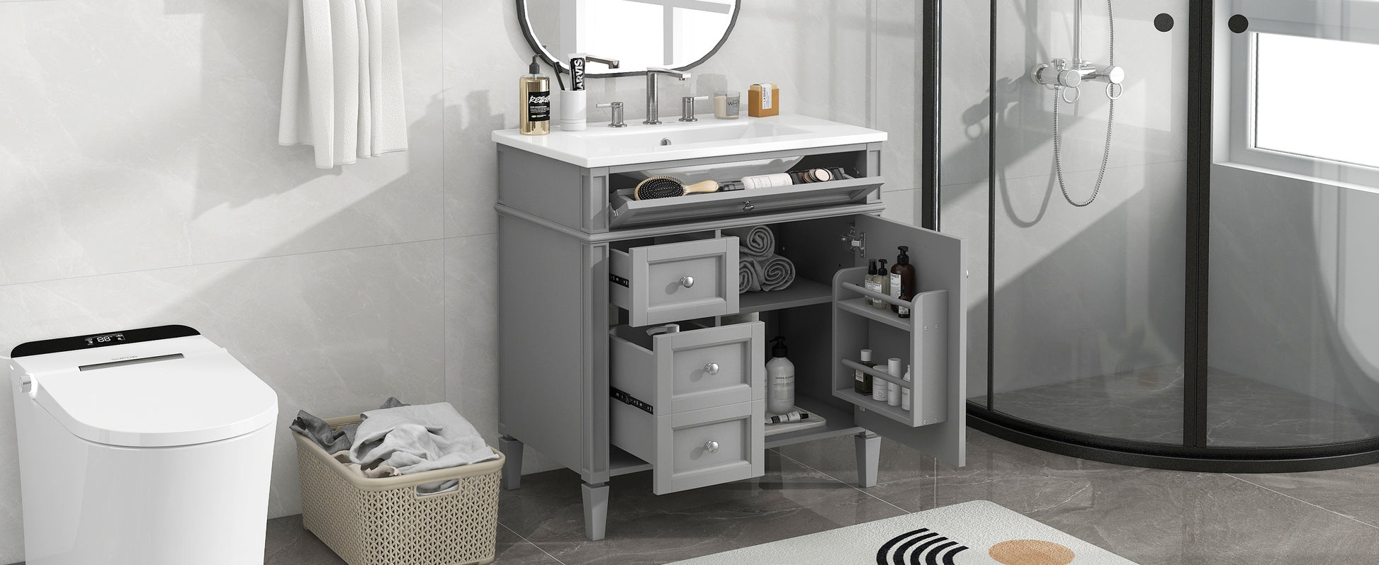 30'' Bathroom Vanity With Top Sink, Modern Bathroom Storage Cabinet With 2 Drawers And A Tip Out Drawer, Single Sink Bathroom Vanity Grey Modern Mdf Ceramic,Solid Wood Mdf