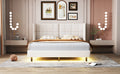 Queen Size Upholstered Platform Bed With Led Lights And U Shaped Headboard, Linen Fabric, Beige Queen Beige Wood Metal