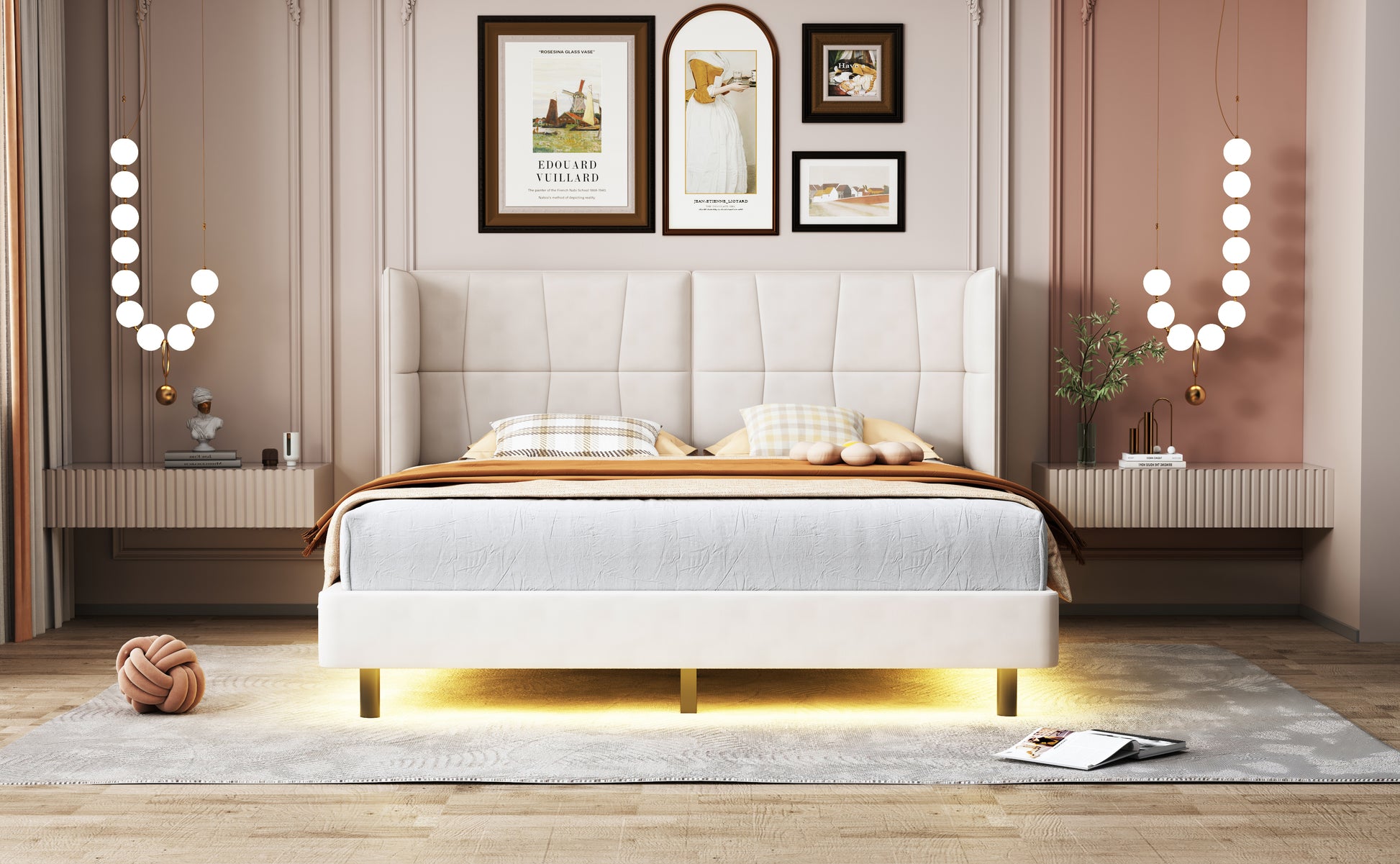 Queen Size Upholstered Platform Bed With Led Lights And U Shaped Headboard, Linen Fabric, Beige Queen Beige Wood Metal