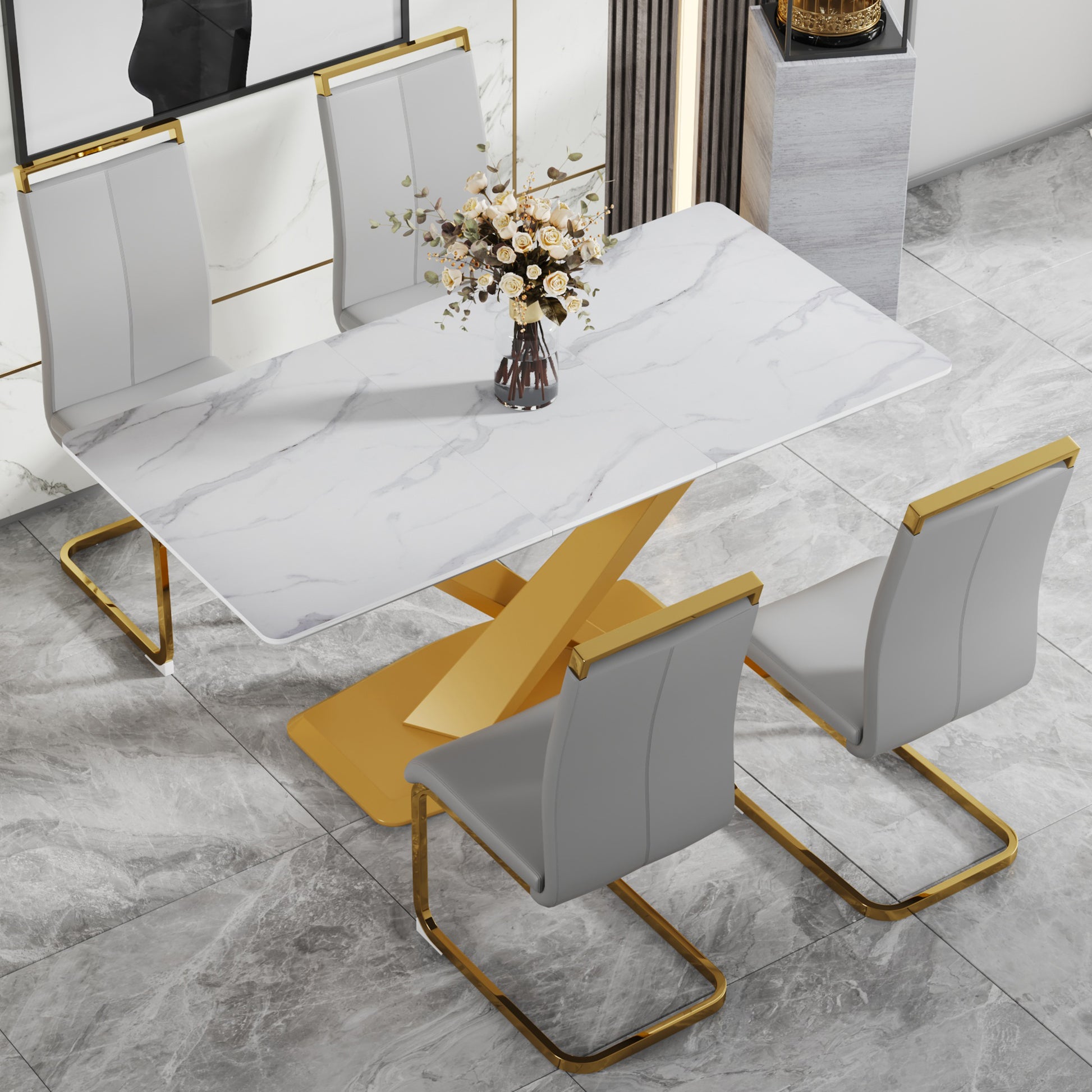 Table And Chair Set, The Table Is Equipped With A Marble Patterned Mdf Tabletop And Gold Table Legs.The Chair Is Equipped With Pu Synthetic Leather High Back Cushion And Gold Coated Metal Legs. Grey Gold Seats 4 Mdf Metal