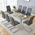 Table And Chair Set.Modern Rectangular Glass Dining Table With A Tempered Glass Tabletop And Silver Metal Legs, Paired With Multiple Chairs Designed With Pu Cushions And Silver Metal Legs. Gray Silver Seats 8 Tempered Glass
