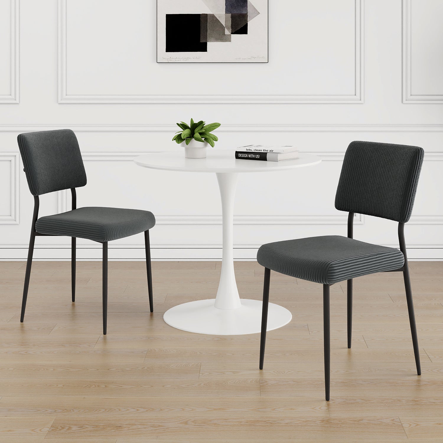 Modern Grey Simple Velvet Dining Chair Fabric Upholstered Chair Family Bedroom Stool Back Dressing, White Round Table Set, Chair Black Metal Legs Set Of 3 White Mdf