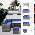Outdoor Patio Furniture Set,7 Pieces Outdoor Sectional Conversation Sofa With Dining Table,Corner Chairs, Ottomans,All Weather Pe Rattan And Steel Frame,With Backrest And Removable Cushions Grey Blue Yes Dark Blue Weather Resistant Frame Garden & Outdoor