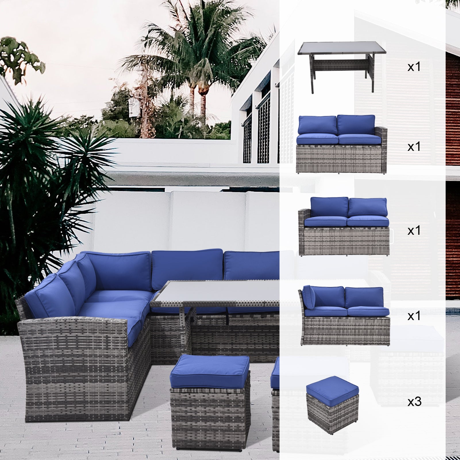 Outdoor Patio Furniture Set,7 Pieces Outdoor Sectional Conversation Sofa With Dining Table,Corner Chairs, Ottomans,All Weather Pe Rattan And Steel Frame,With Backrest And Removable Cushions Grey Blue Yes Dark Blue Weather Resistant Frame Garden & Outdoor