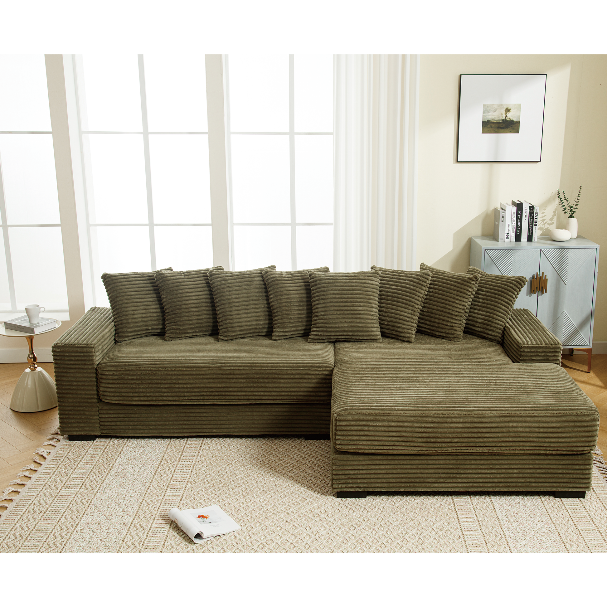 Arrived Oversized Two Piece Couches, L Shaped Sofa, Corduroy, Right Chaise Daybed,With Armrests,Eight Throw Pillows,Corner Sofa,Easy To Assemble, Green Green Polyester Wood Primary Living Space