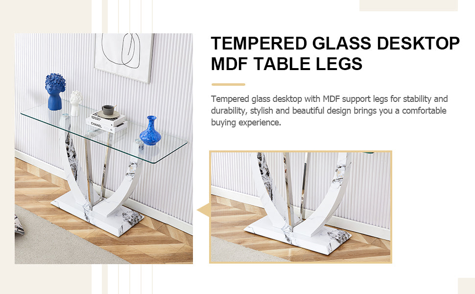 Modern Minimalist Rectangular Glass Table With 0.39 "Tempered Glass Top And Mdf White Patterned Sticker Legs For Entrance And Living Room. Transparent Glass