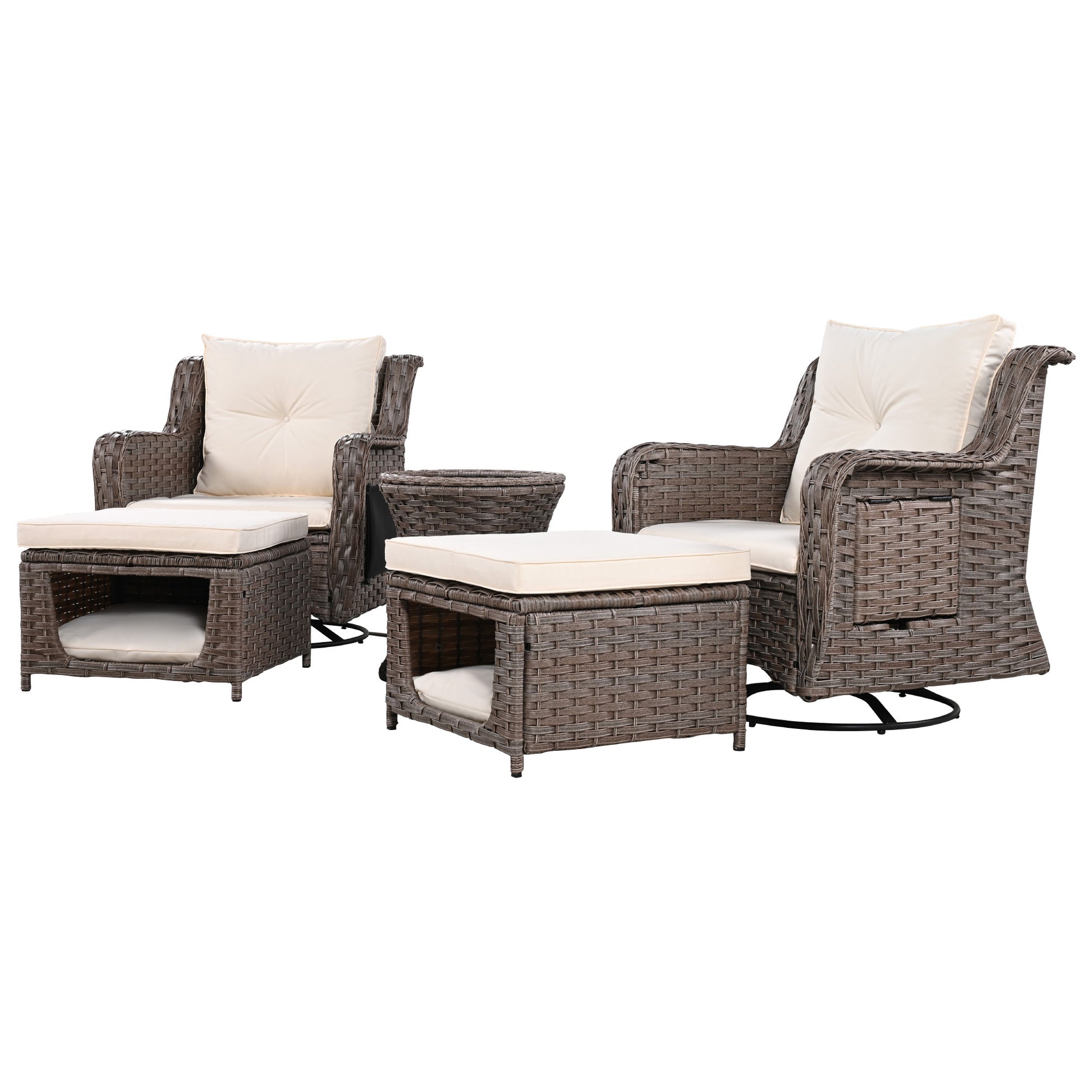 K&K 5 Pieces Outdoor Patio Furniture Set With Pet House Cool Bar And Retractable Side Tray, Rattan Wicker Patio Swivel Rocking Chairs Set Of 2 With Ottomans For Backyard, Porch, Balcony, Beige Yes Rocker & Glider Brown Beige Seats 2 Weather Resistant