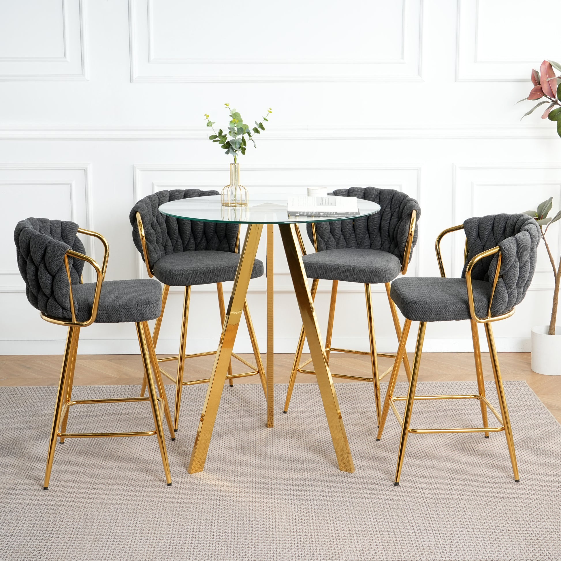 Stylish Dark Grey Cotton And Linen Design, Gold Plated Metal Legs, Round Tempered Glass Countertop, Bar Chair Cover, Suitable For Bar, Restaurant, Bedroom Bar Chair, Set Of 5 Metal Dark Gray Seats 4