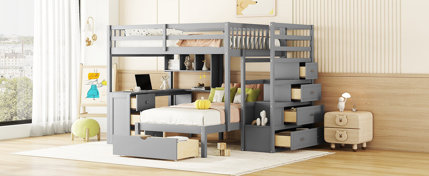loft bunk bed with dresser Full Over Twin Bunk Bed With Desk, Drawers And Shelves, Gray Gray Soli