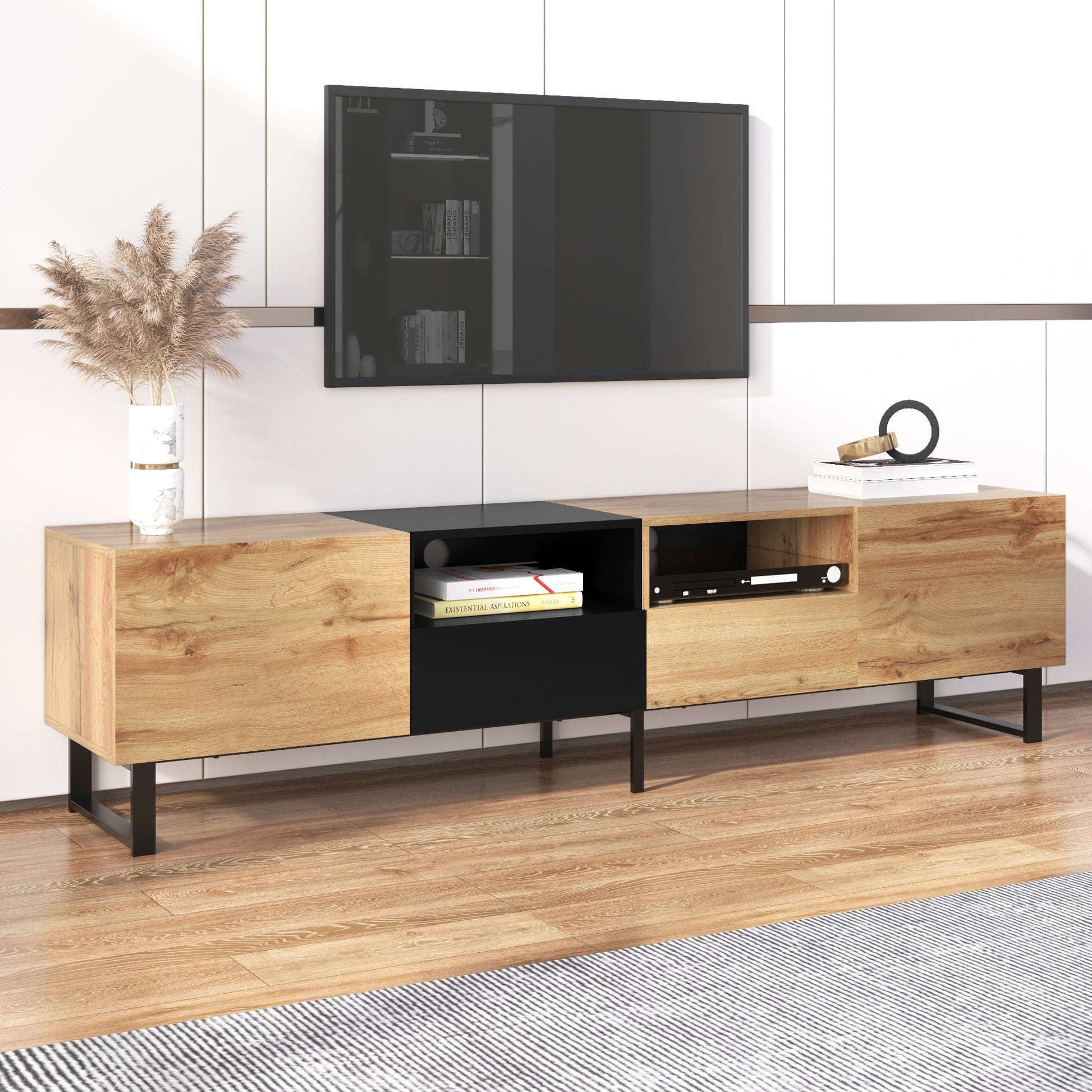 Modern Tv Stand With 2 Cabinets& Open Storage Compartment, Color Matching Media Console Table For Tvs Up To 85'', Entertainment Center With Drop Down Door For Living Room, Bedroom, Home Theatre Wood Brown Primary Living Space 70 79 Inches 90 Inches Or