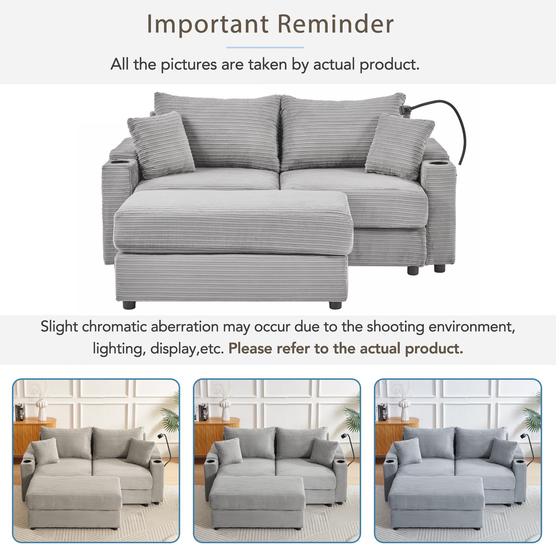 72.8" Modern Style Loveseat Sofa Sectional Sofa Couch With Storage Space, A Movable Ottoman, Two Usb Ports, Two Cup Holders, A Phone Holder For Living Room, Gray Gray Foam Corduroy 3 Seat