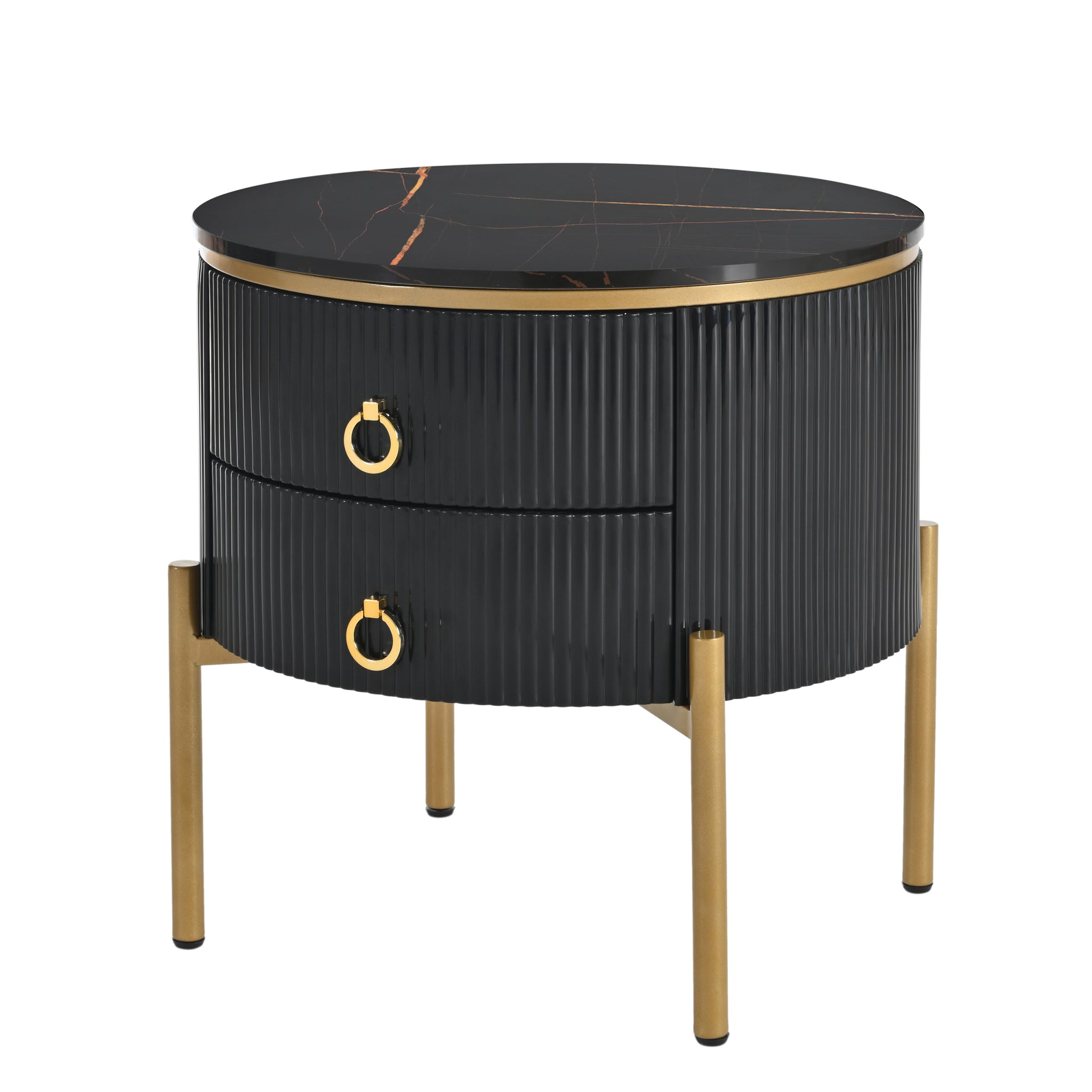 19.6'' Easy Assembly Round End Table With Storage Drawers, Fluted Nightstand With High Gloss Faux Marble Tabletop, Modern Coffee Table With Metal Legs And Handles For Living Room, Black Black Gold Primary Living Space Drawers Round Mdf Iron