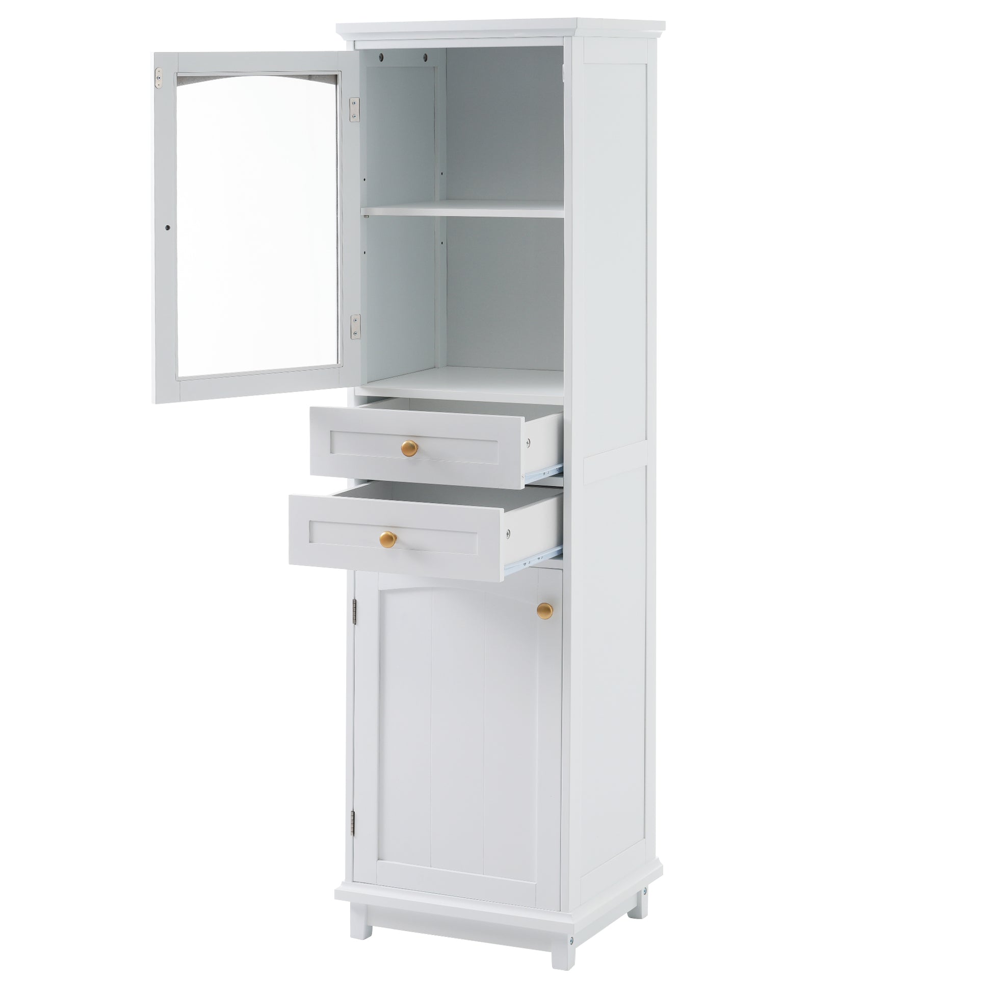 Tall Bathroom Storage Cabinet With Glass Doors, Free Standing, Two Drawers, And Adjustable Shelves, Mdf Board, Painted White Perfect For Displaying Your Favorite Items 2 White 2 4 Adjustable Shelves Bathroom Freestanding Partice Board Mdf Pine Wood