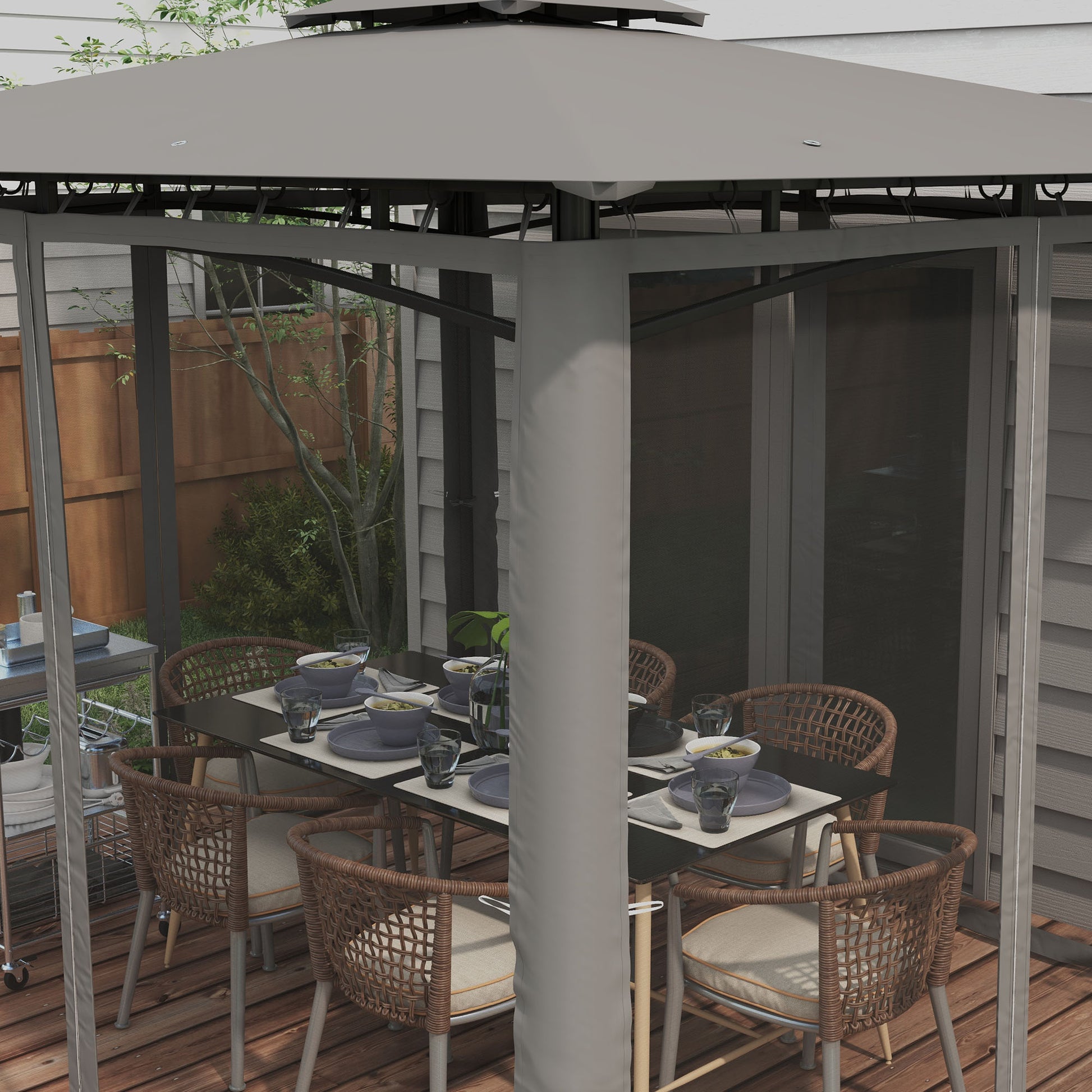 Outsunny 10' X 12' Patio Gazebo With Netting, Double Roof Outdoor Gazebo Canopy Shelter, Solid Metal Frame For Garden, Lawn, Backyard, Deck, Dark Gray Gray Metal