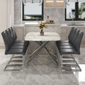 Table And Chair Set.Modern Luxurious White Marble Patterned Tempered Glass Dining Table With 8 Chairs.Single Fork Silver Metal Table Legs.Dark Gray Pu Dining Chairs With Silver Metal Legs. Dark