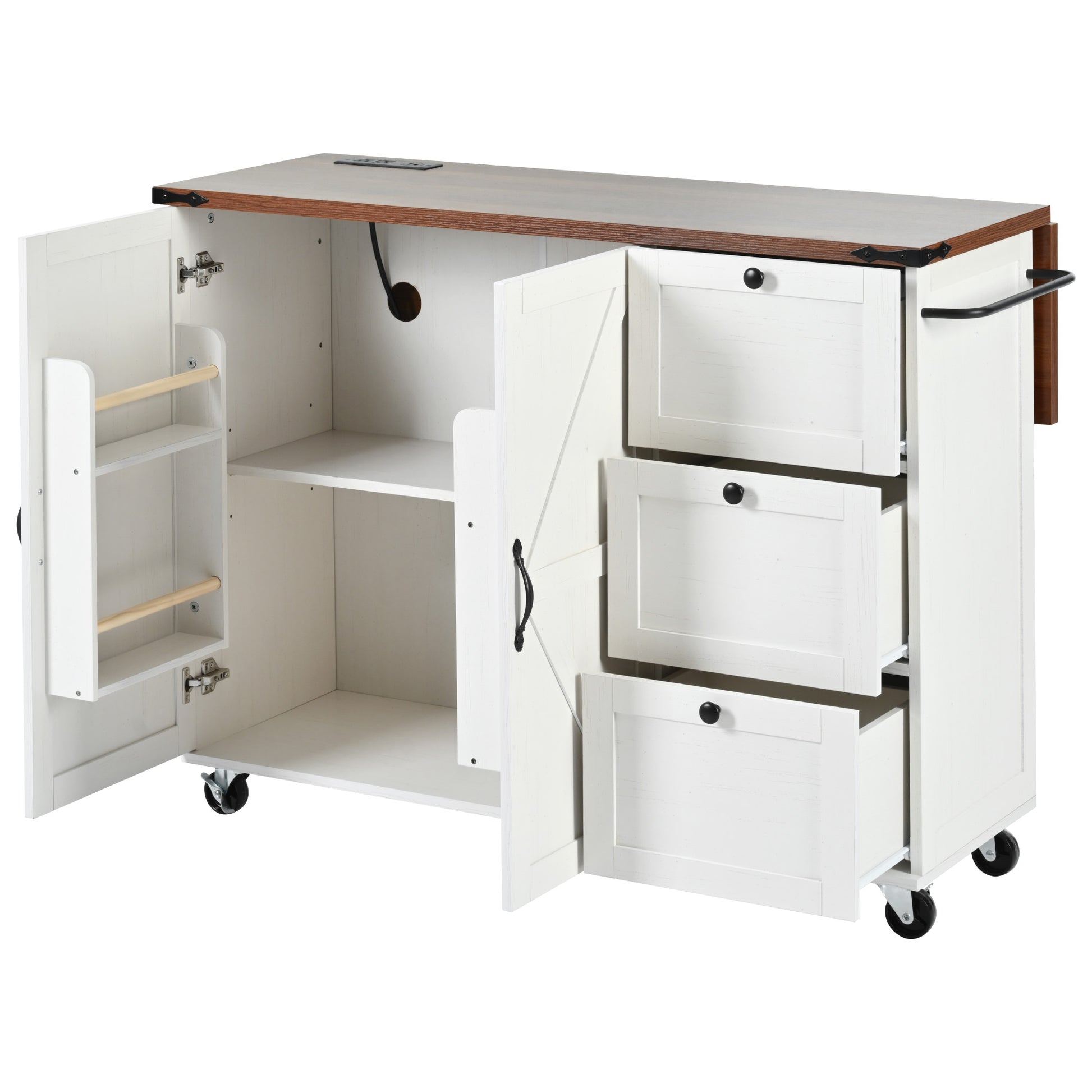 K&K 54.5" Farmhouse Kitchen Island With Power Outlet, Kitchen Storage Island With Internal Storage Rack, Drop Leaf, Spice Rack, Rolling Kitchen Cart On Wheels, For Home, Kitchen And Dining