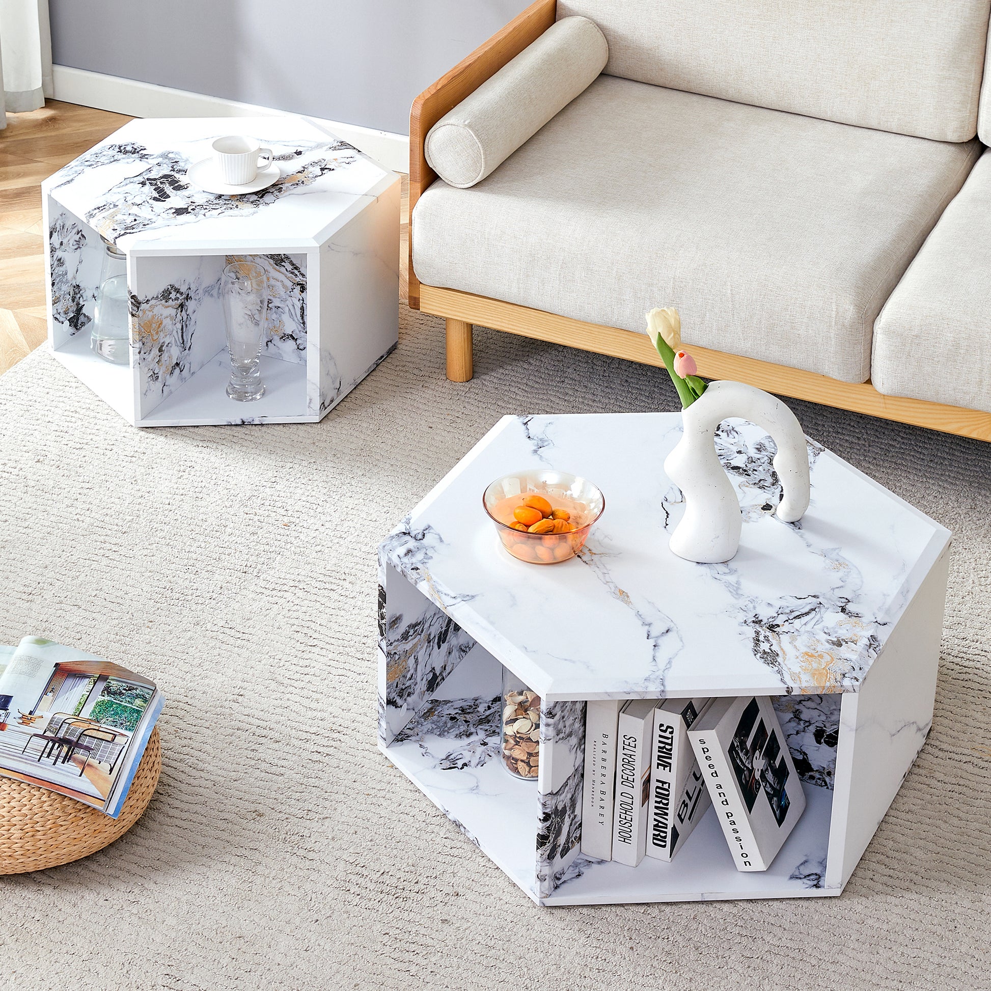 Minimalist White Patterns Hexagonal Coffee Table Set.Hexagonal Mdf Coffee Table, Characteristic Pattern Stickers, Multi Hole Design To Give More Storage Space.Two Coffee Tables Of Different Sizes.