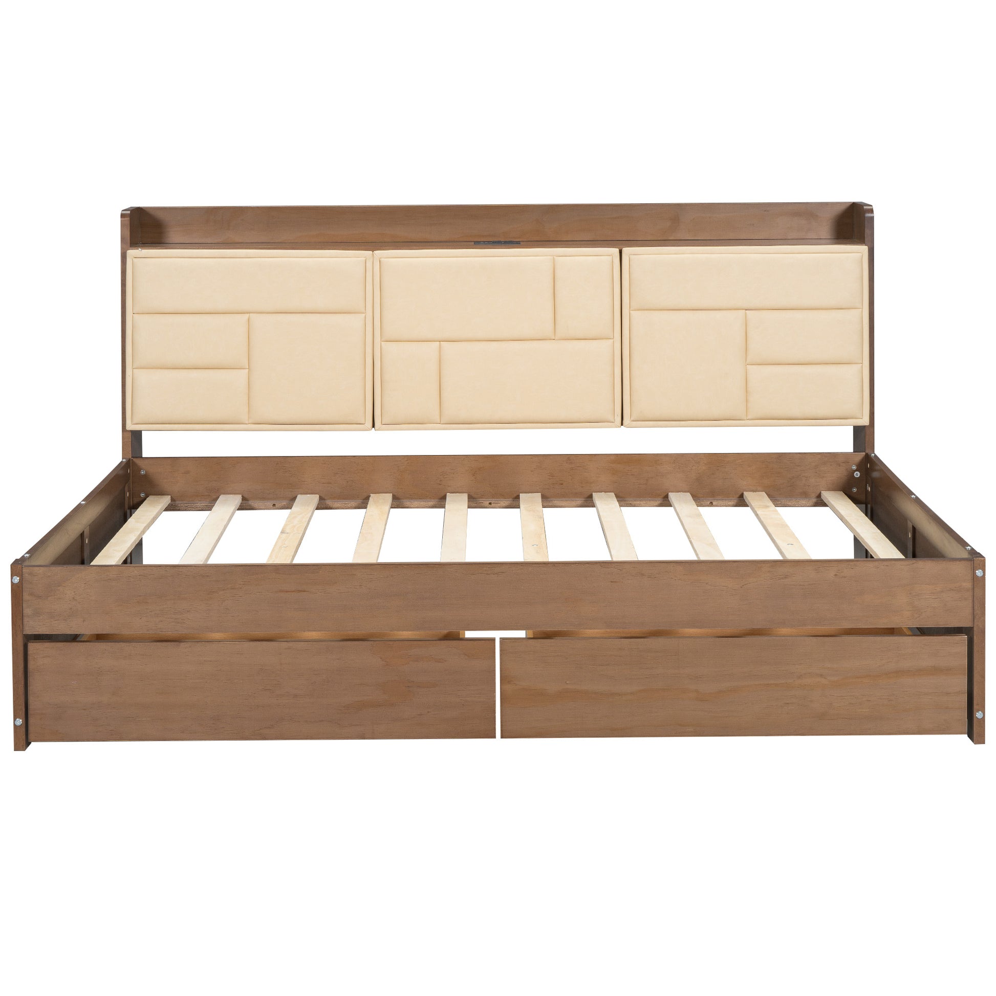 Full Size Wood Daybed With Upholstered Storage Shelves, Usb Ports And 2 Drawers, Wood Color Box Spring Not Required Full Wood Wood Bed Frame Solid Wood Mdf