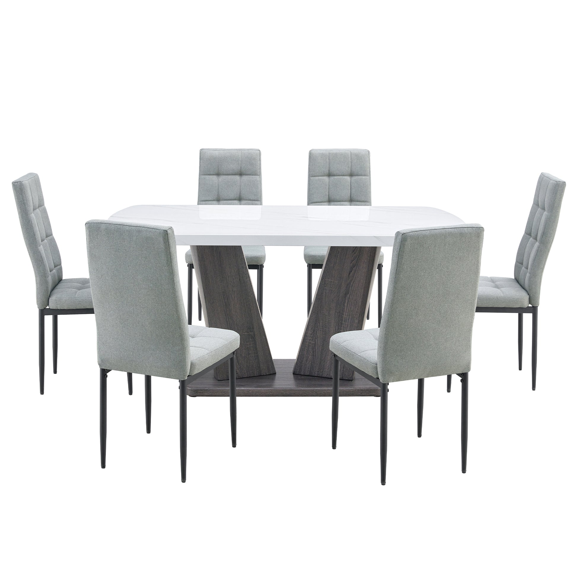 Modern Dining Table Set For 6, 7 Piece Dining Set, 63" Rectangle Kitchen Table With 6 Upholstered Chairs, 1.8" Thickness Tabletop And V Shaped Table Legs, White Faux Marble Dining Set For Kitchen Room Metal White Gray Dining Room Modern Rectangular Mdf