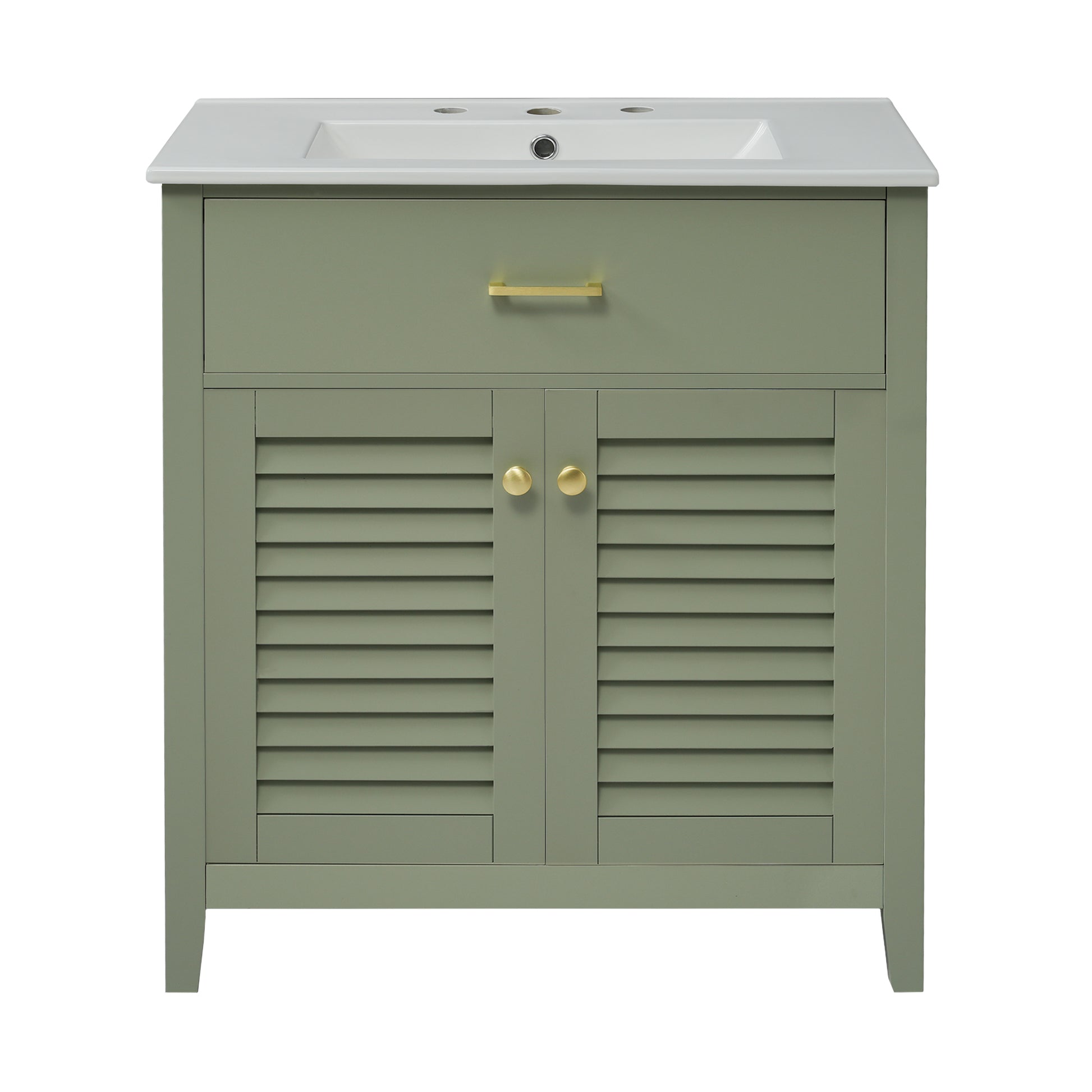 30 Inch Bathroom Vanity With Ceramic Sink Combination, Large Storage Features 1 Pullout And Multifunctional Shelf Dividers Green Bathroom Solid Wood Mdf