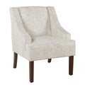Fabric Upholstered Wooden Accent Chair With Swooping Arms, White And Brown Off White Wood Fabric