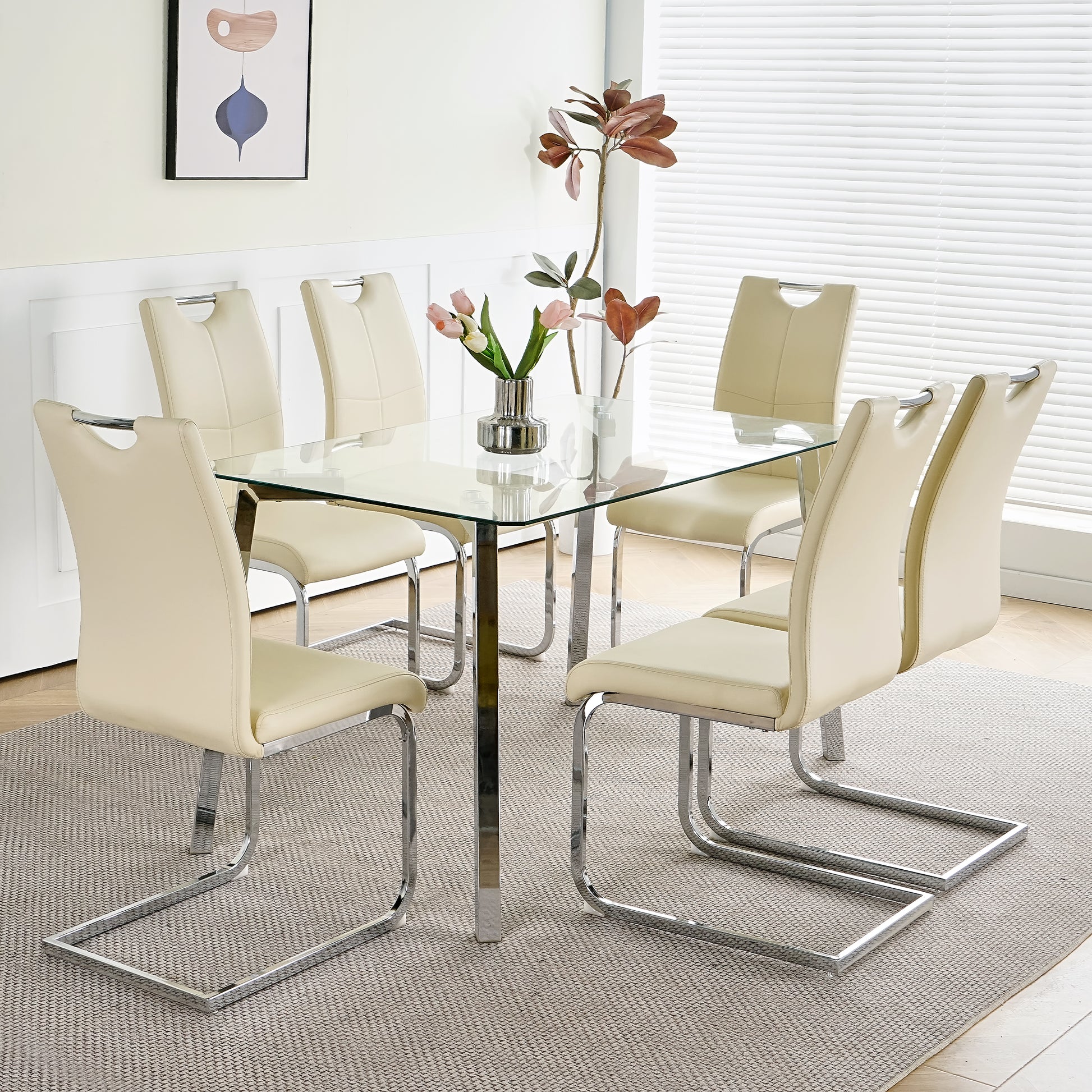 Modern Simple Table With A Glass Square Table And Six Chairs. Transparent Tempered Glass Table Top, Electroplated Table Legs, Bow Chair Legs Set Of 7 Light Yellow Rectangular Glass Metal