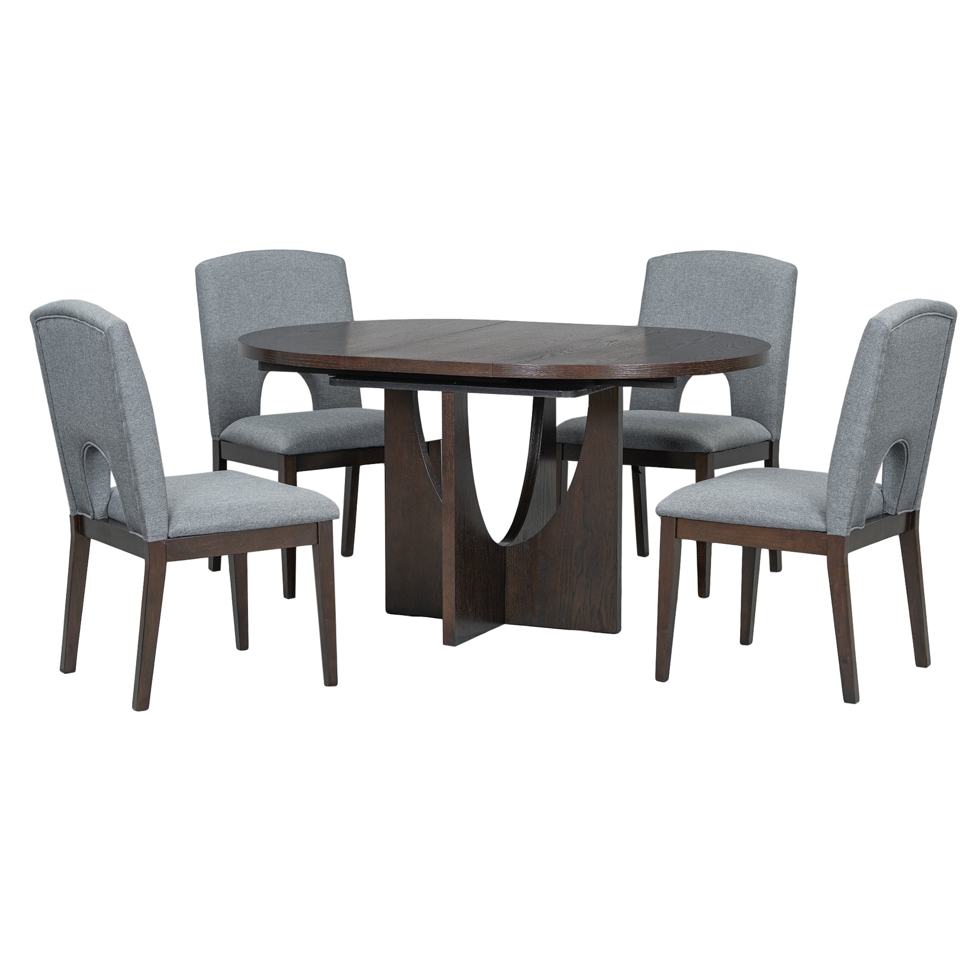 Modern 5 Piece Extendable Round Dining Table Set With 16.2Inch Removable Leaf For Small Places, Espresso Gray Wood Dining Room Solid Wood Rubberwood Round Dining Table With Chair Upholstered Chair Wood Espresso Seats 4 Removable Leaf Contemporary Round