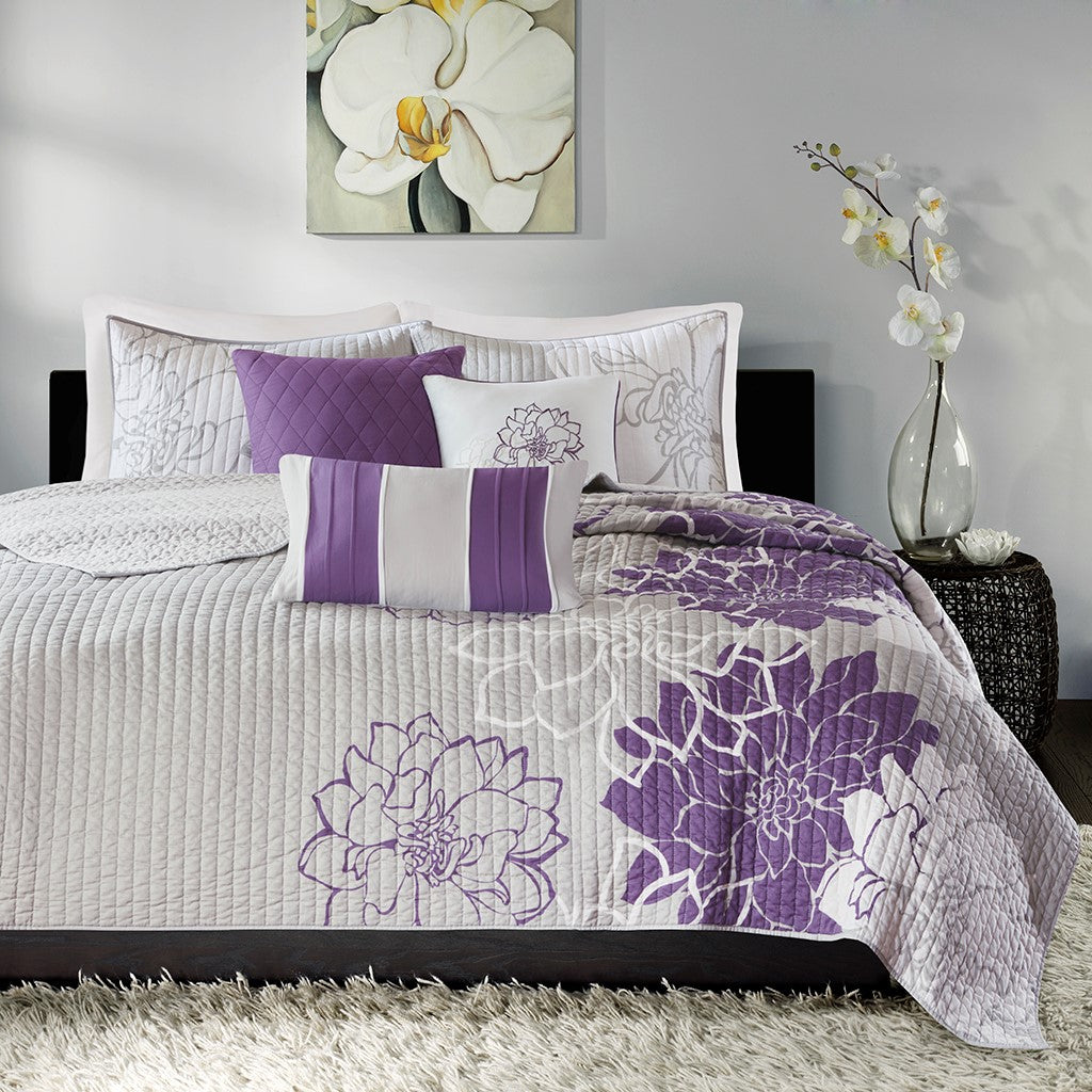 6 Piece Printed Cotton Quilt Set With Throw Pillows Taupe Grey Purple King Cal King King Purple Cotton