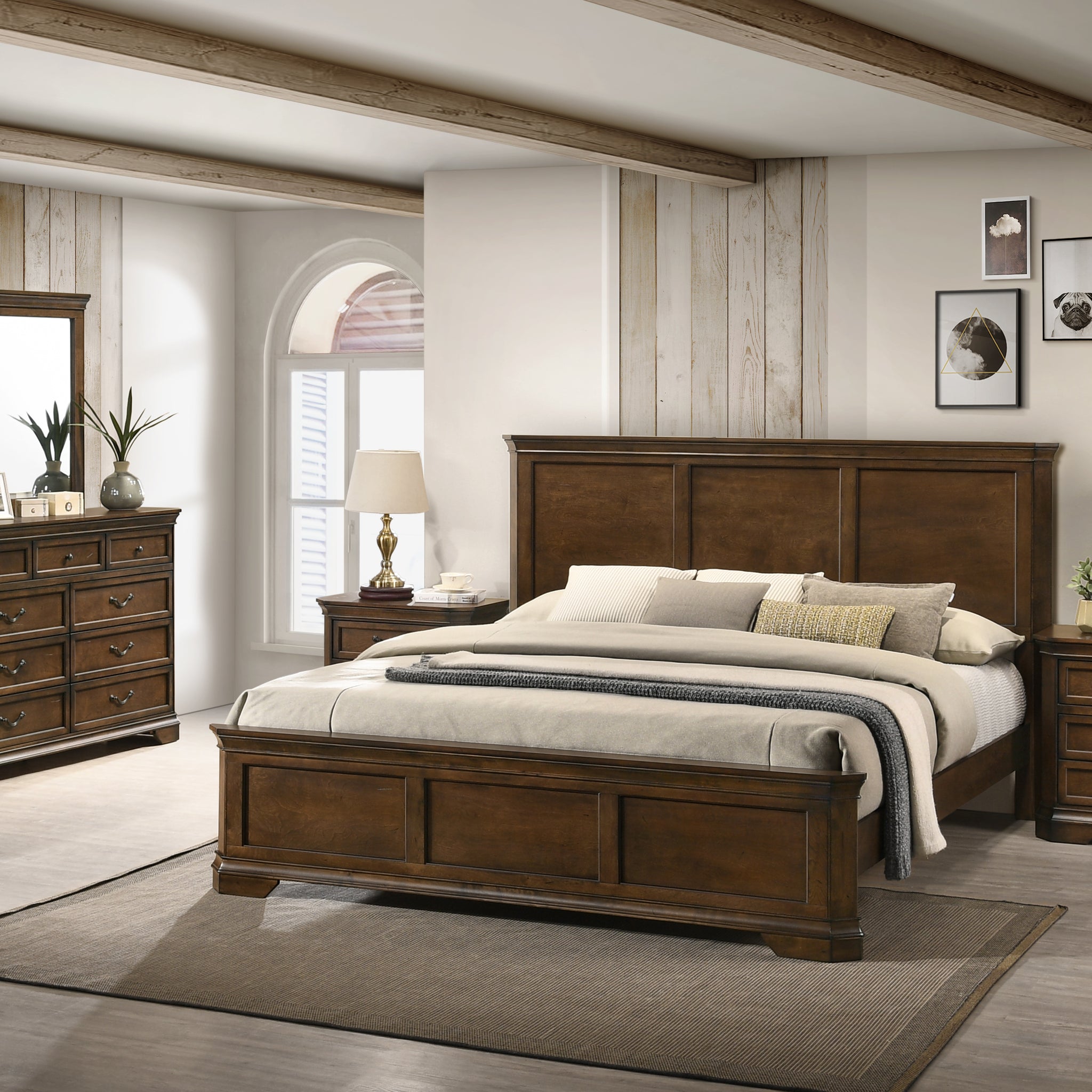 Maderne Traditional Wood Panel Bed With Dresser, Mirror, Two Nightstands, Queen Size Box Spring Required Queen Walnut Brown Wood Brown 5 Piece Set Bedroom Bed Included,Dresser Included,Mirror Included,Nightstand Included American Traditional,Traditional