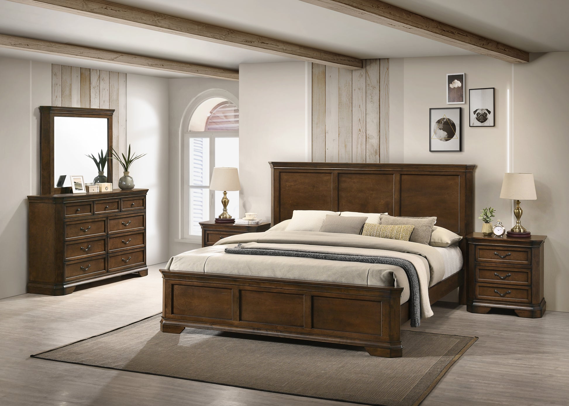 Maderne Traditional Wood Panel Bed With Dresser, Mirror, Two Nightstan Maderne Traditional Wood Panel Bed With Dresser, Mirror, Two Nightstan