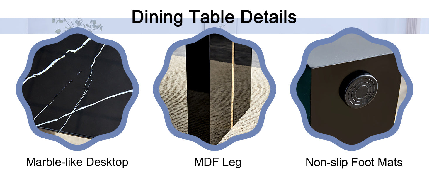 Large Modern Rectangular Table With 0.39 "Black Patterned Top And Large Mdf Legs, Suitable For Kitchen, Dining And Living Room 71" * 35.4 "* 30" 1546 Black Mdf Glass