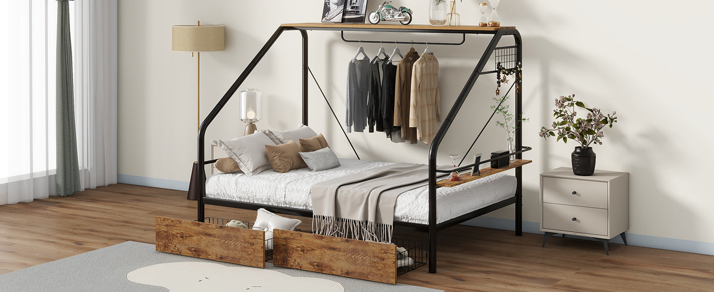 Full Size Metal Frame Platform Bed With Clothes Rack, Storage Shelves And 2 Drawers, Black Box Spring Not Required Full Black Metal Mdf Metal