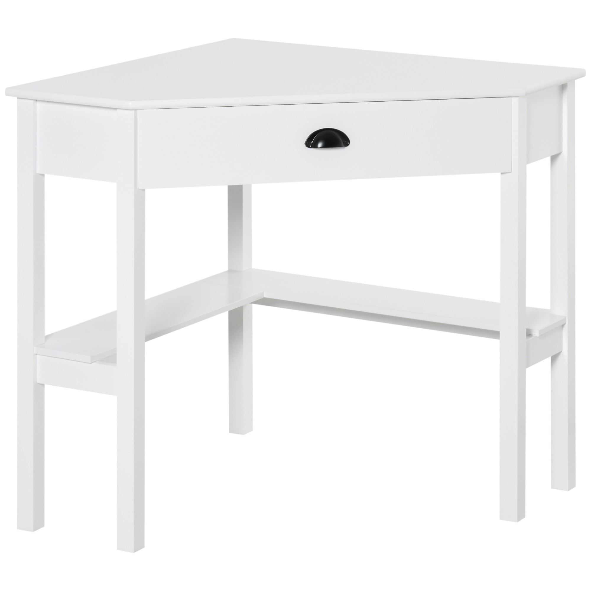 Homcom Corner Desk, Triangle Computer Desk With Drawer And Storage Shelves For Small Spaces, Home Office Workstation For Living Room, Or Bedroom, White White Mdf