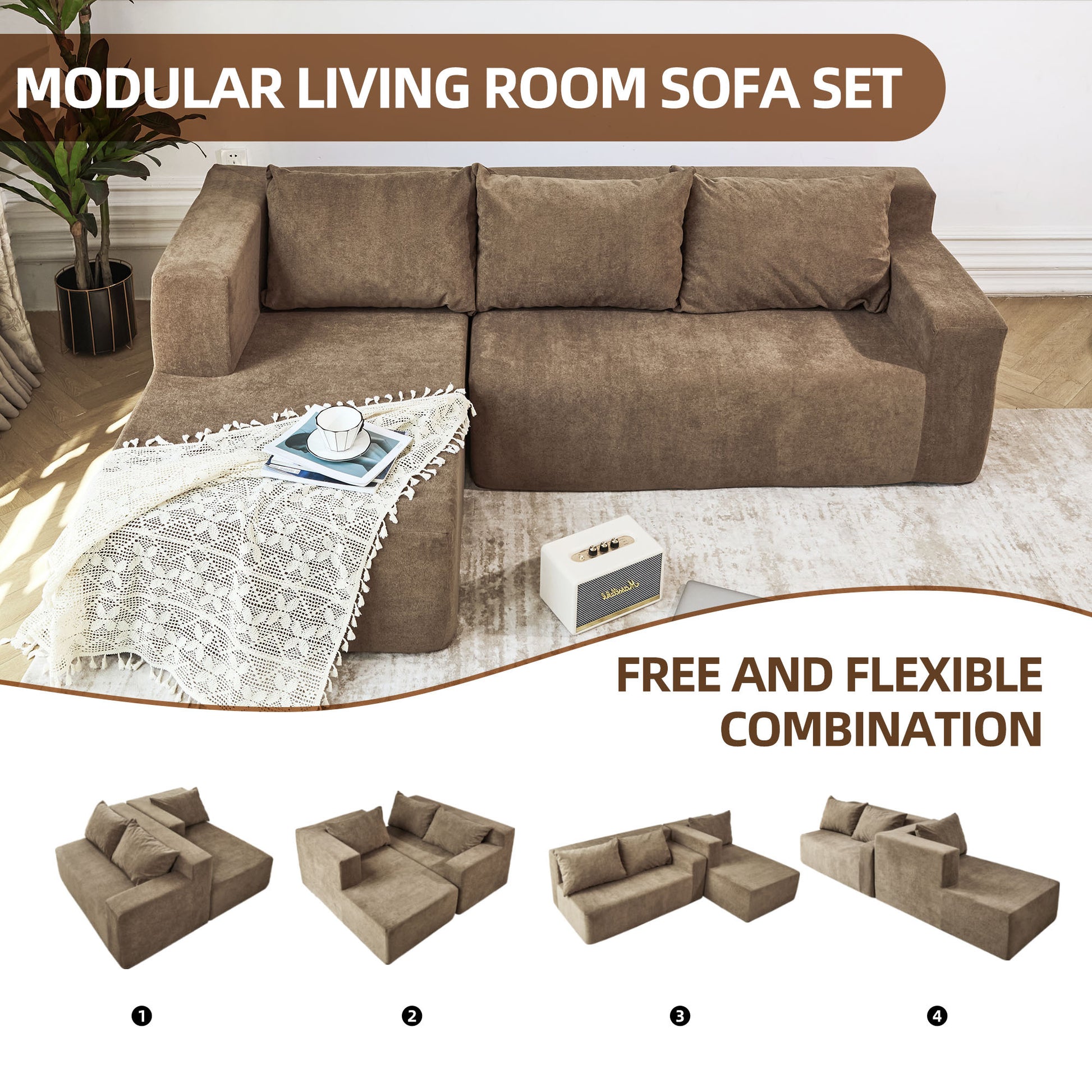 Modular Sectional Couch, Modern L Shape Sectional Sofa With Chaise Lounge, Comfy Snow Velet Fabric Corner Sofa Couch, Upholstered Couch For Living Room, Bedroom, Apartment Khaki Polyester Primary Living Space Medium Firm Cushion Back Medium Duty American